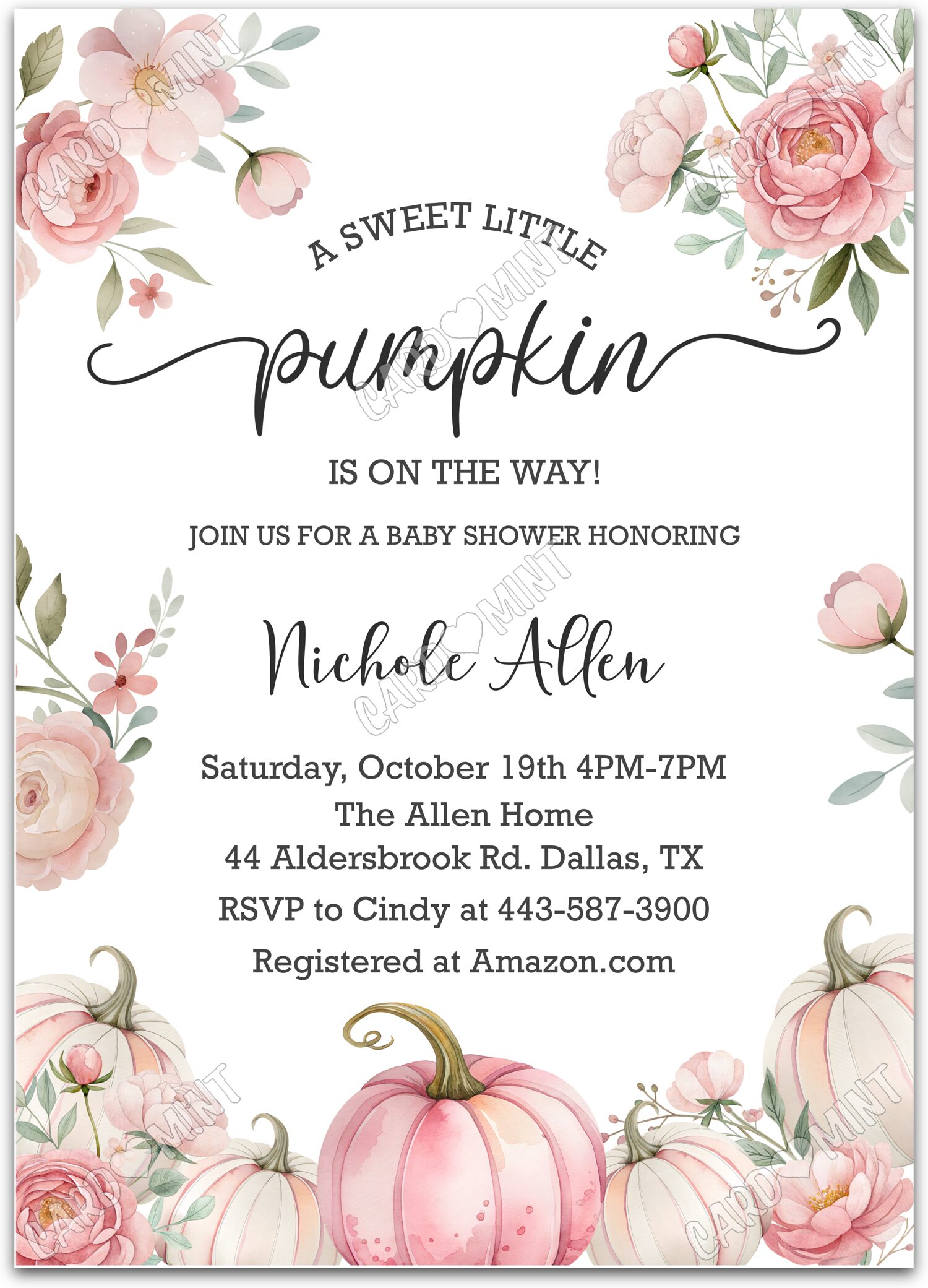 Editable Sweet Little Pumpkin white pumpkins & blooms girl fall Baby Shower 5"x7" Invitation EV1845