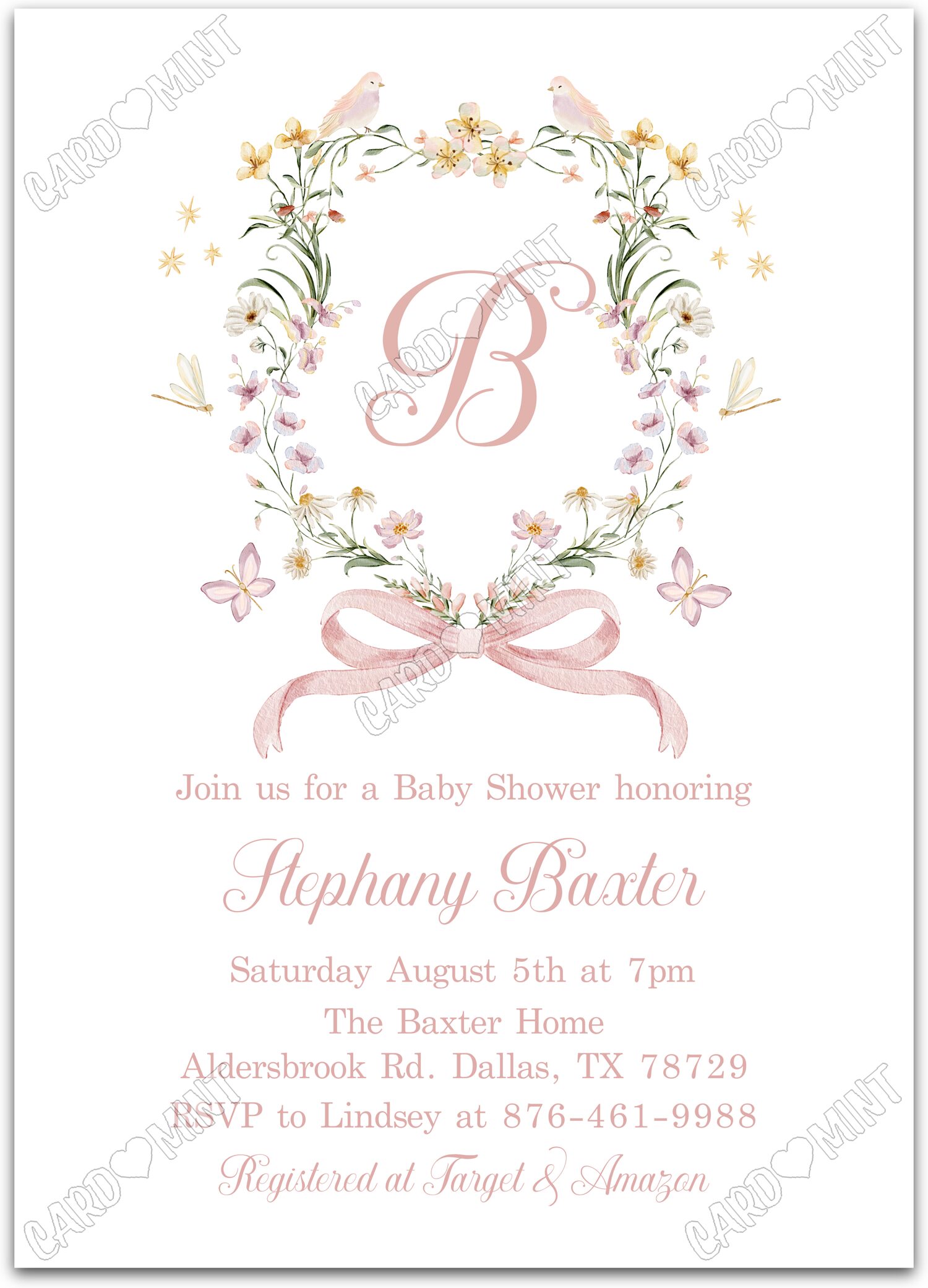 Editable Monogrammed Floral white floral wreath girl Baby Shower 5"x7" Invitation EV1847