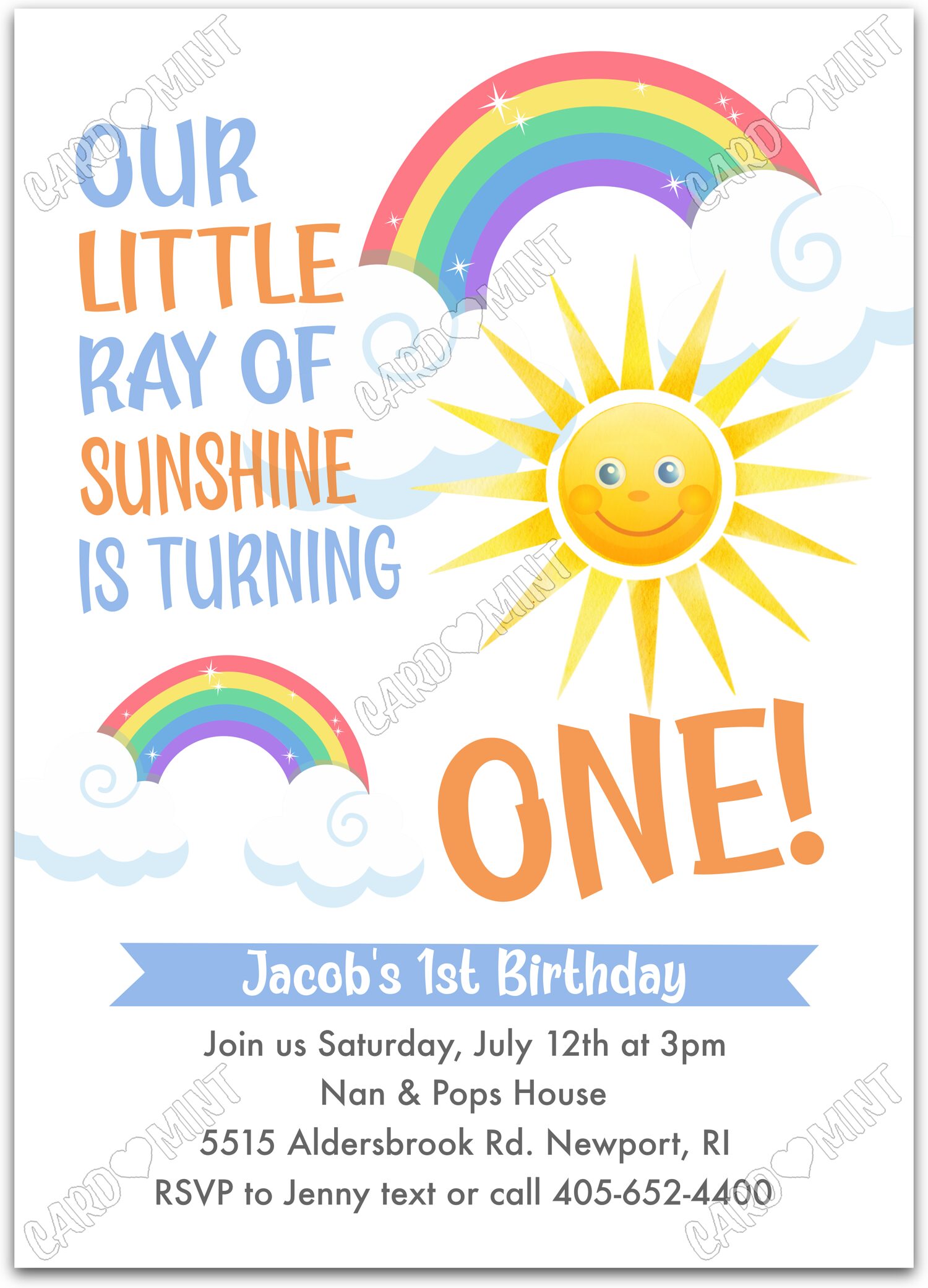 Editable Ray of Sunshine white sun & rainbows boy Birthday Party 5"x7" Invitation EV1848
