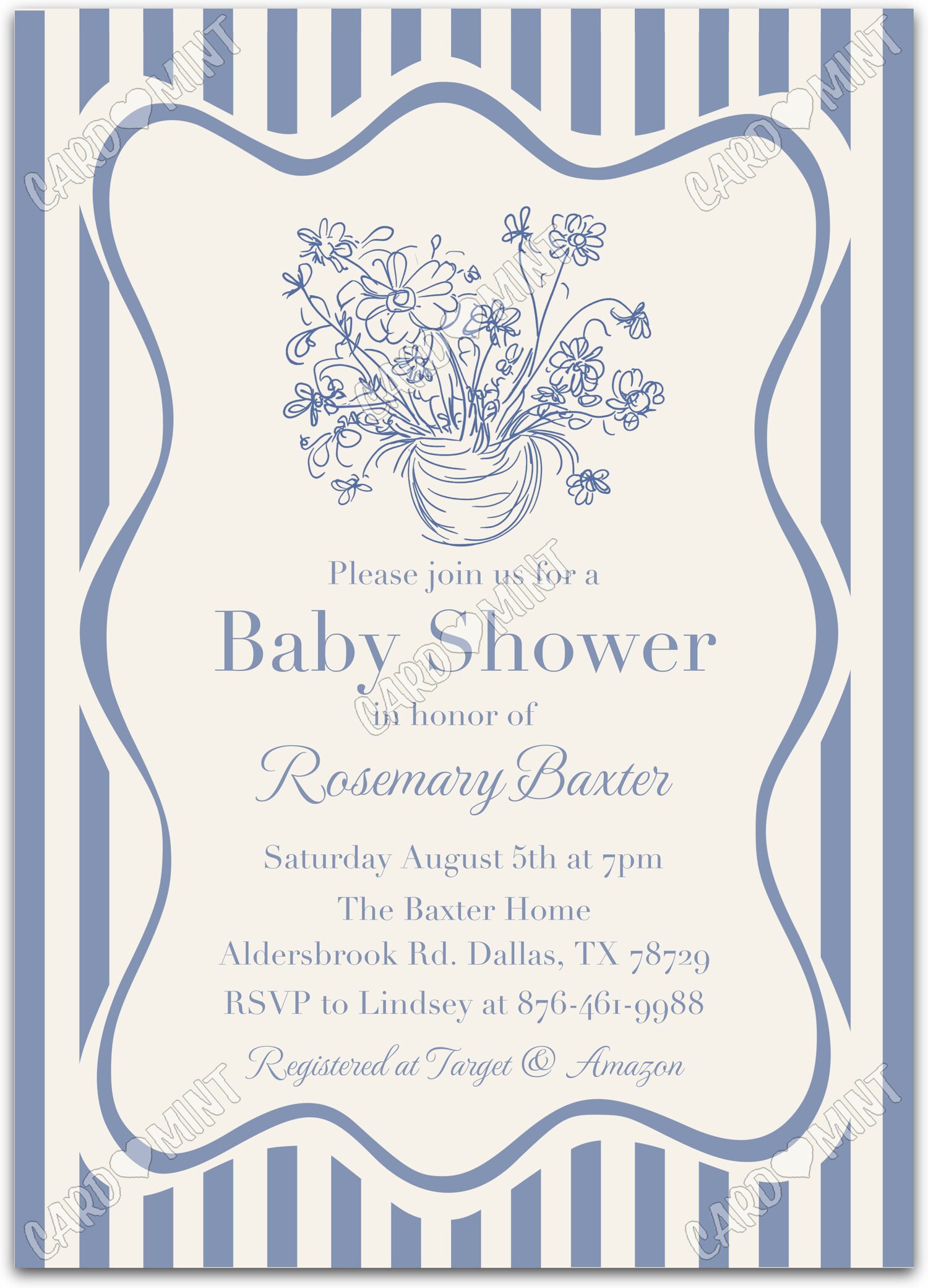Editable Blue Bouquet blue floral bouquet & striped pattern Baby Shower 5"x7" Invitation EV1850