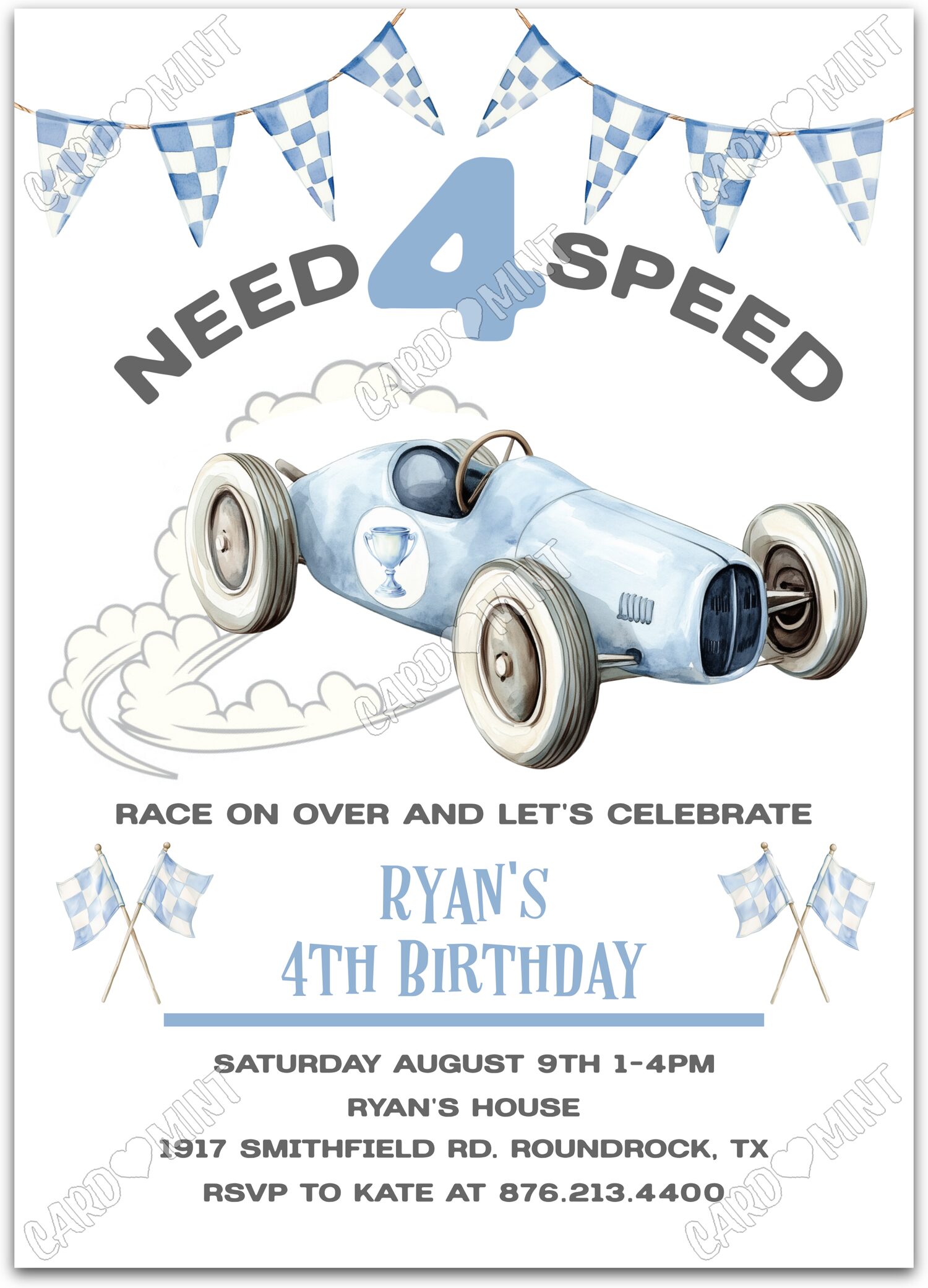 Editable Need 4 Speed white blue race car boy 4th Birthday Party 5"x7" Invitation EV1852