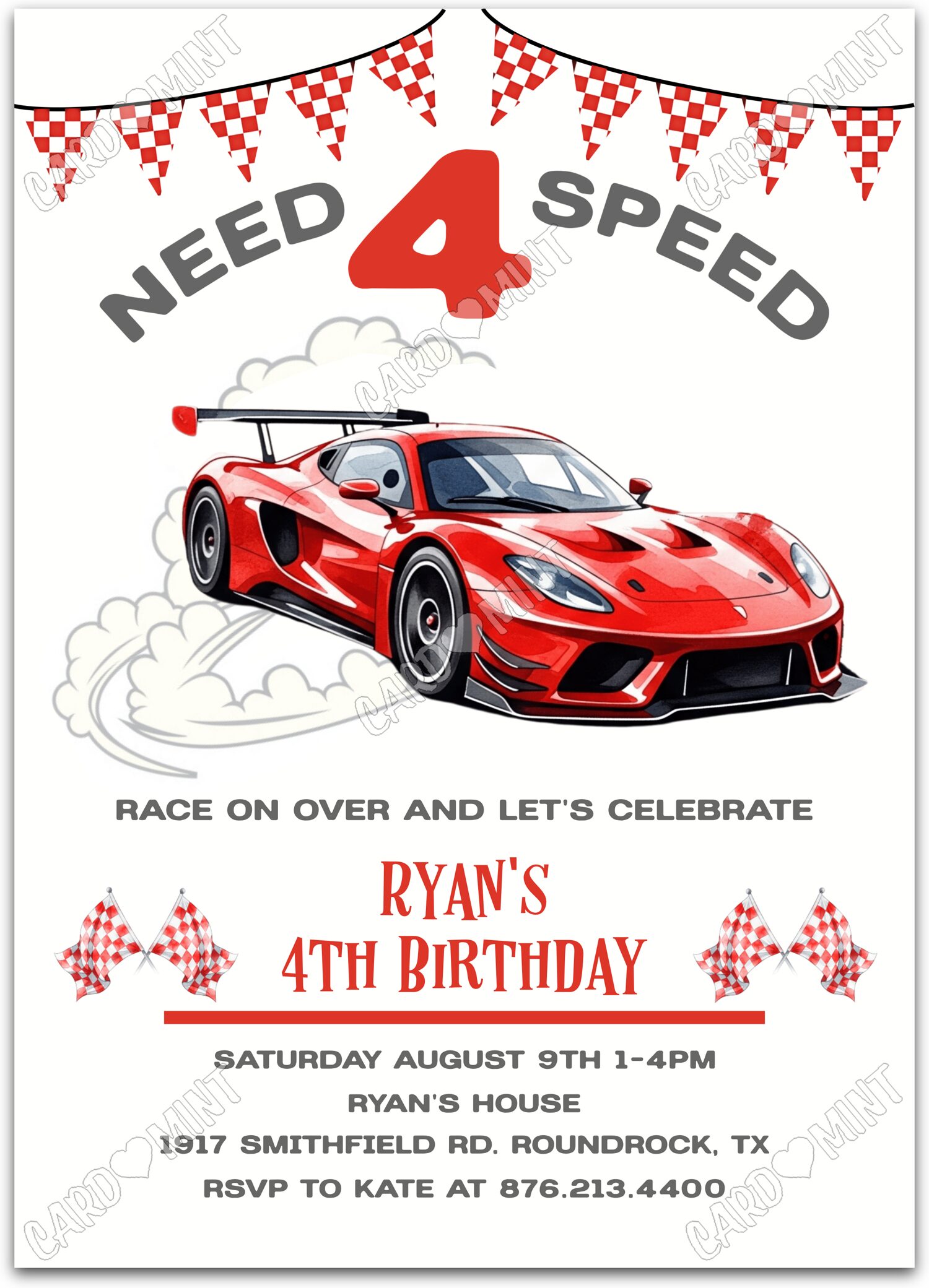 Editable Need 4 Speed white red race car boy 4th Birthday Party 5"x7" Invitation EV1853