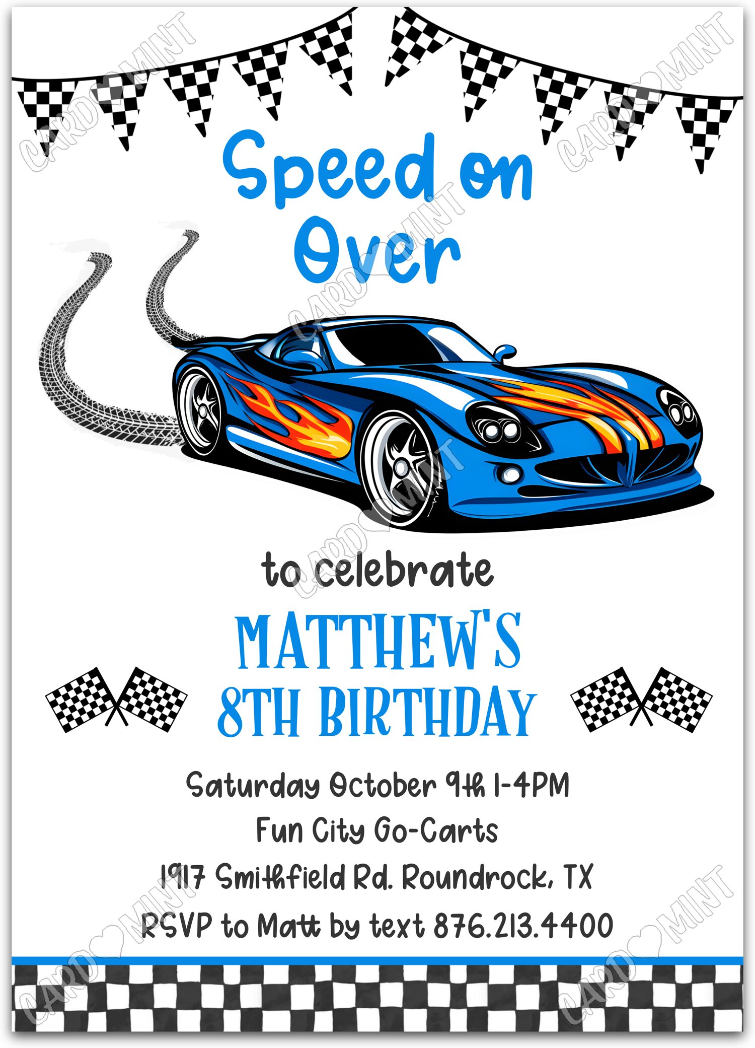 Editable Speed On Over white blue race car boy Birthday Party 5"x7" Invitation EV1854