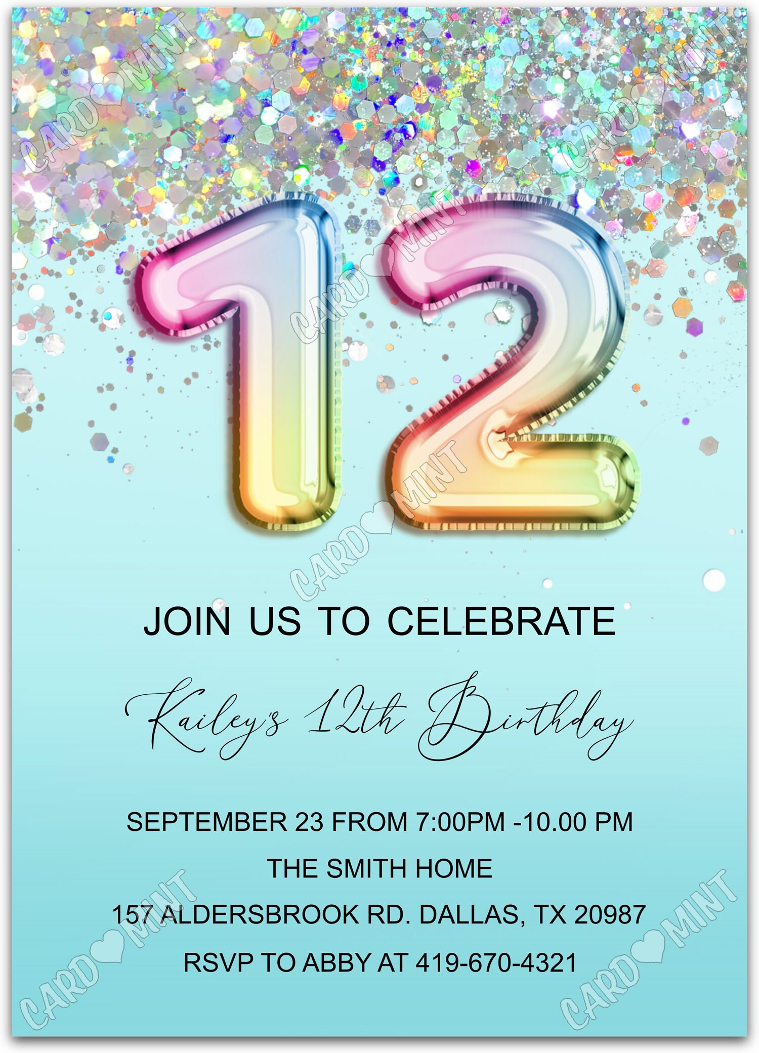 Editable Rainbow Balloons turquoise rainbow balloons girl Birthday Party Invitation EV1855-12