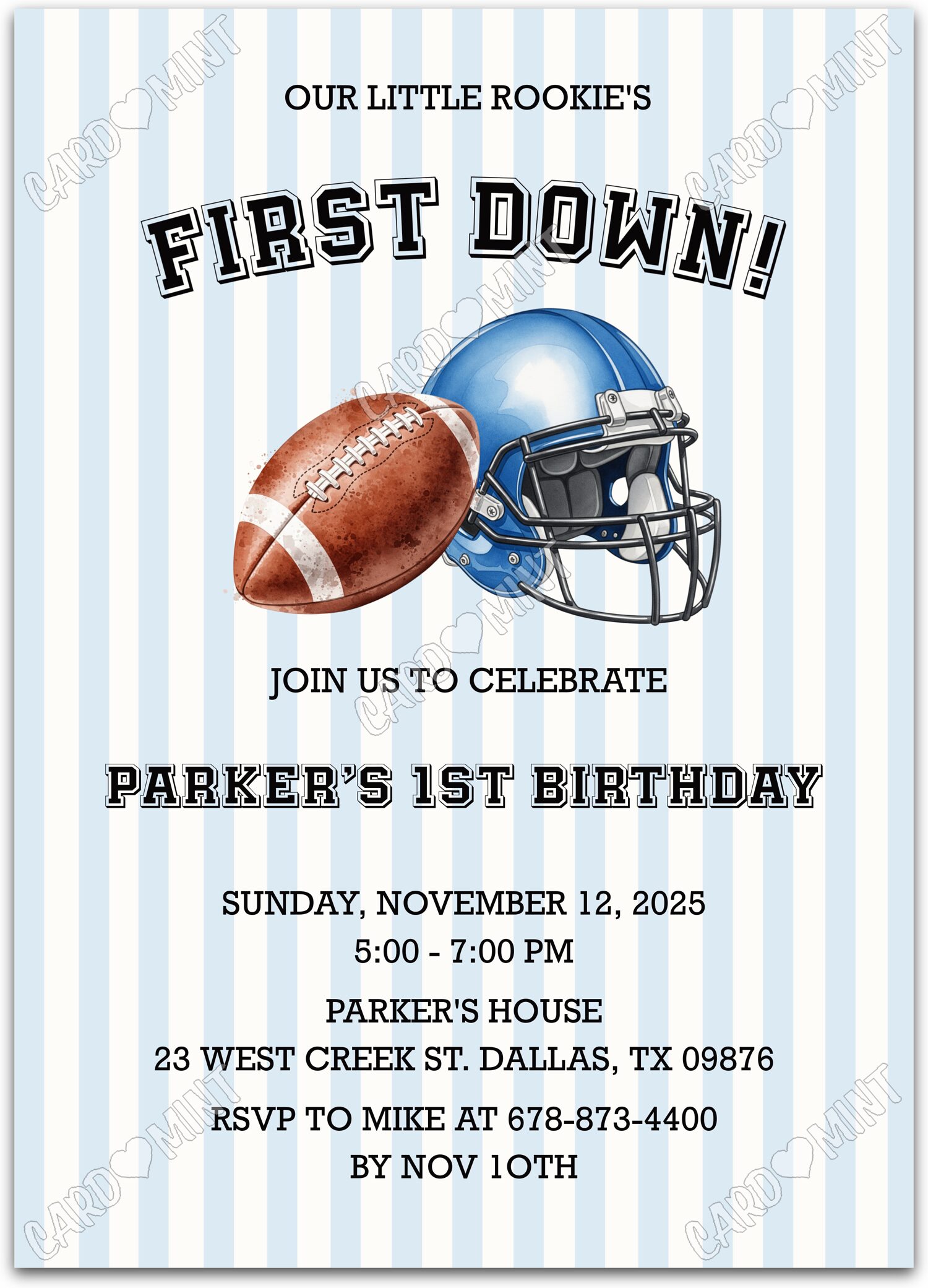 Editable First Down! blue football & helmet & striped pattern boy First Birthday Party 5"x7" Invitation EV1856