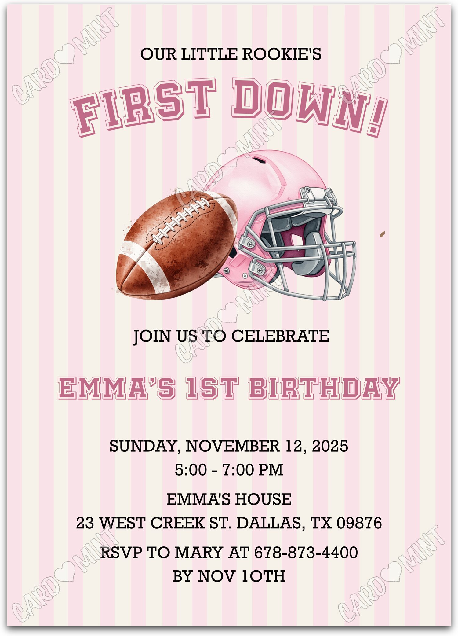 Editable First Down! pink football & helmet & striped pattern girl First Birthday Party 5"x7" Invitation EV1857