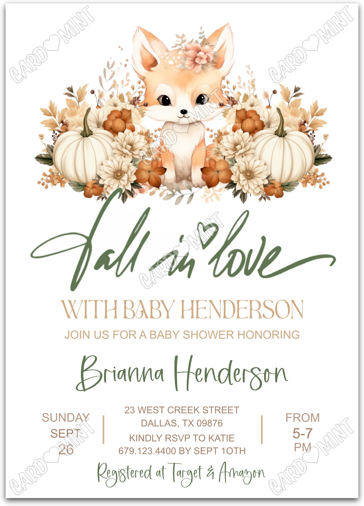 Editable Fall in Love white baby fox & pumpkins fall Baby Shower 5"x7" Invitation EV1859