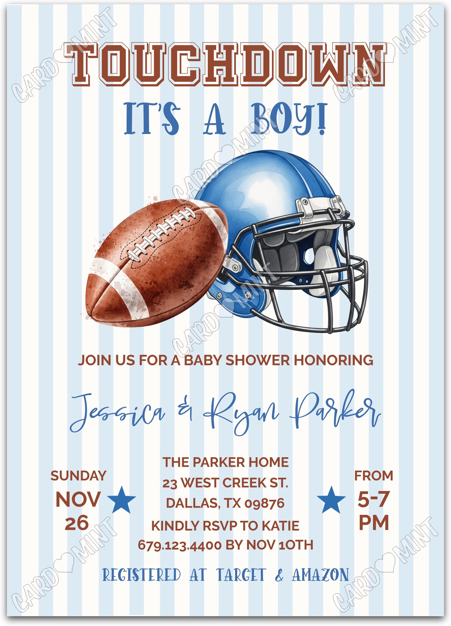Editable Football blue football & helmet & striped pattern boy Baby Shower 5"x7" Invitation EV1860