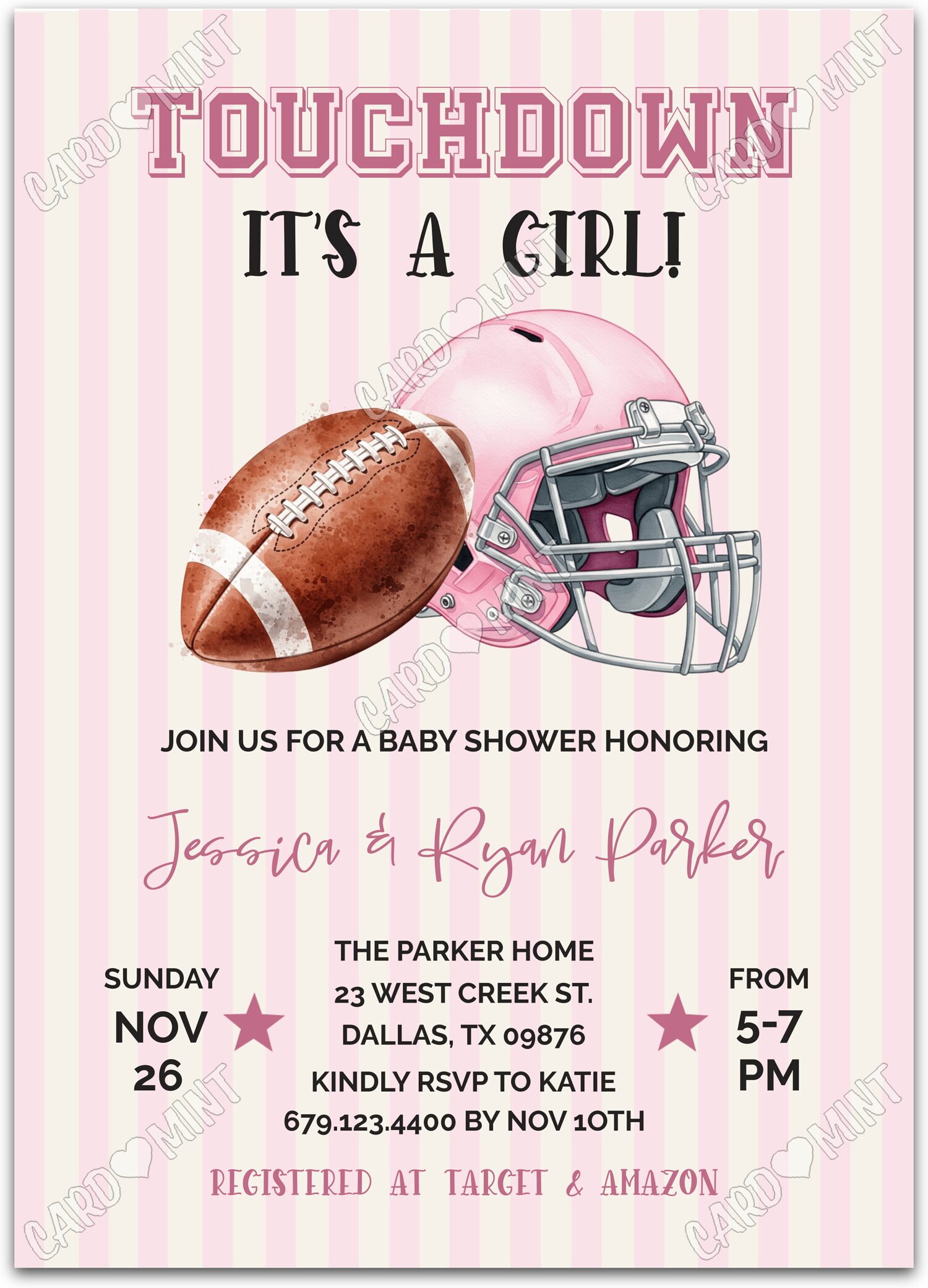 Editable Football pink football & helmet & striped pattern girl Baby Shower 5"x7" Invitation EV1861