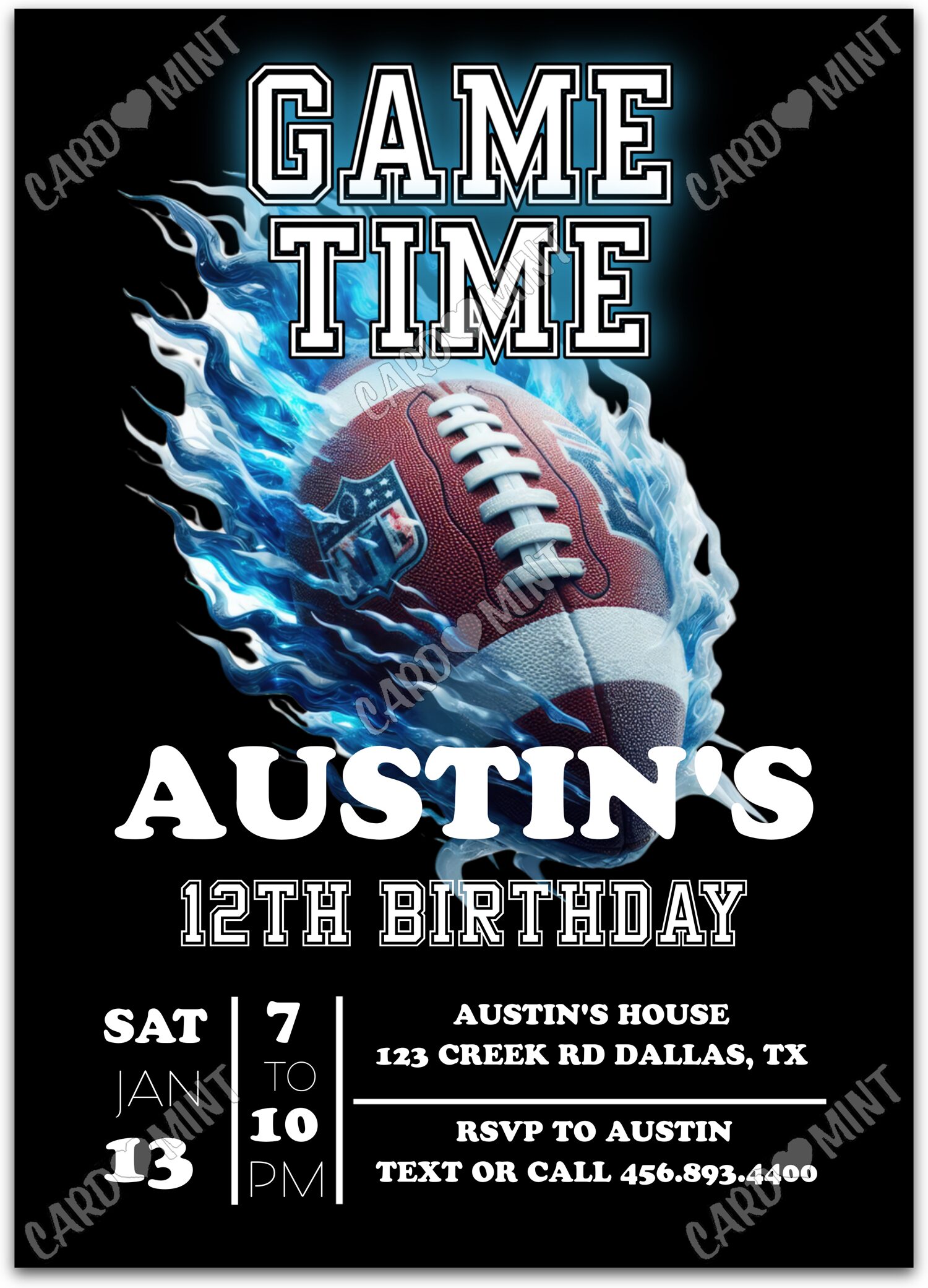 Editable Game Time black football boy Birthday Party 5"x7" Invitation EV1862