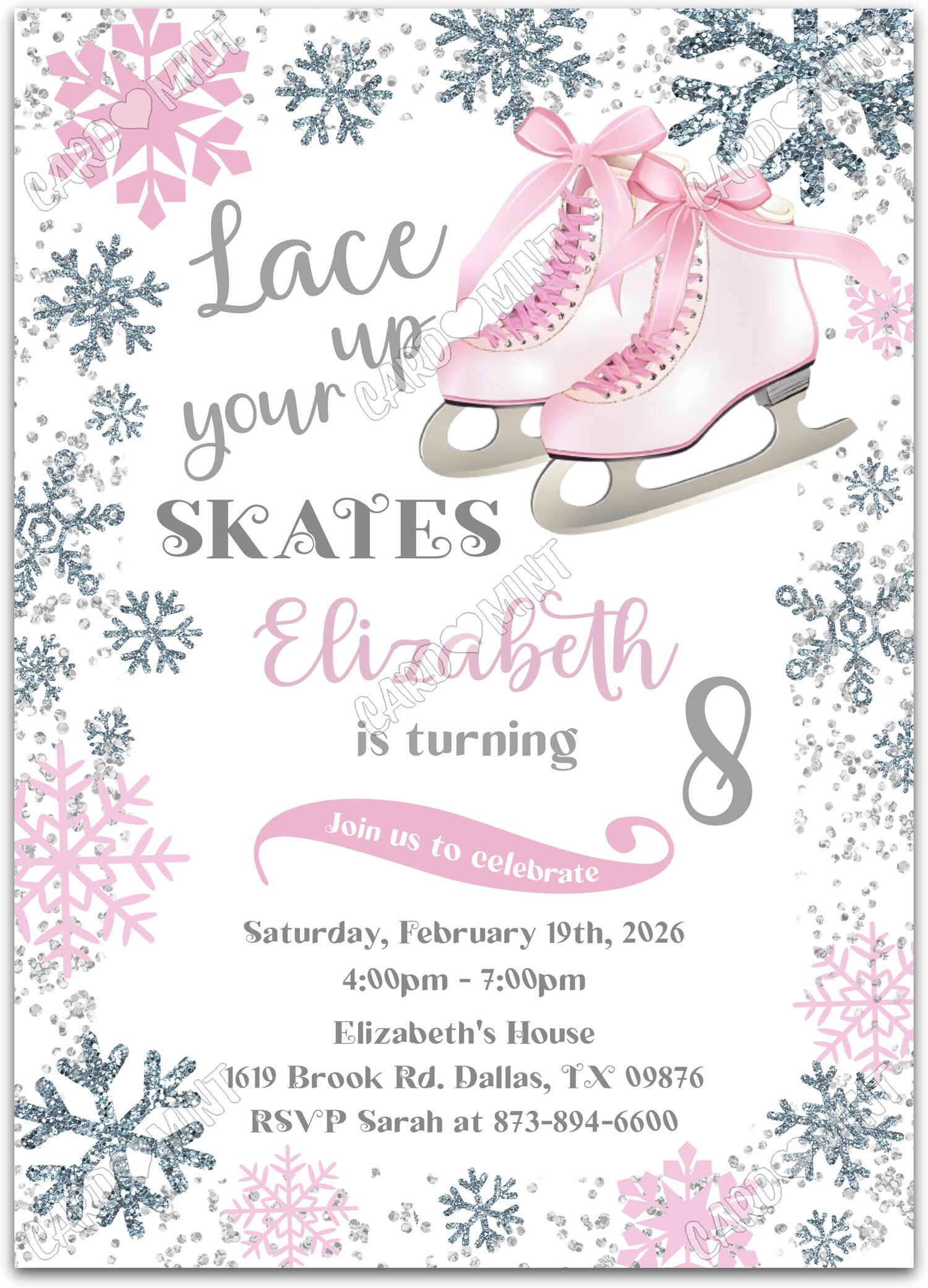 Editable Winter Skating white snowflakes girl Birthday Party Invitation EV1863