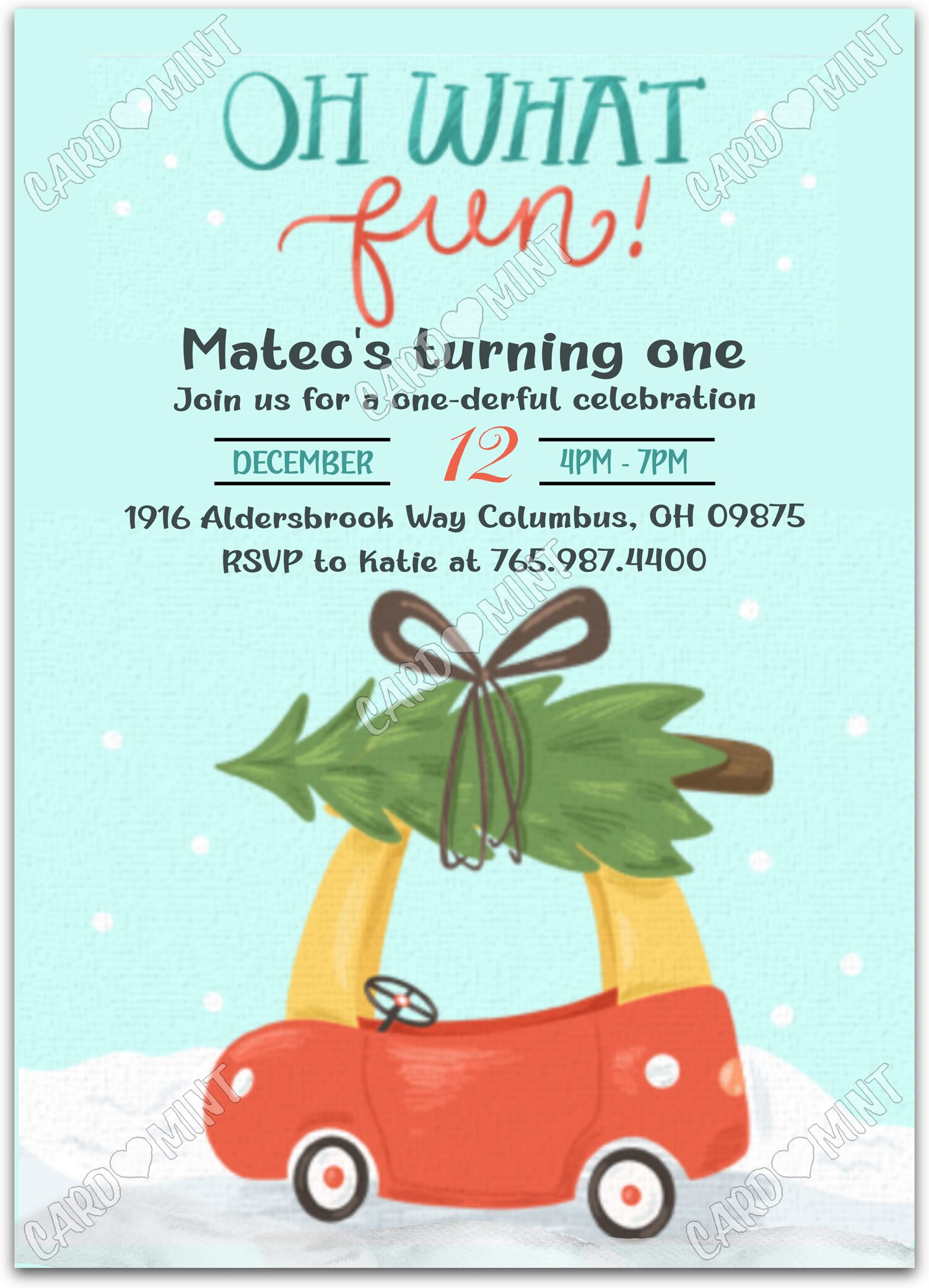 Editable Little Coupe Christmas aqua Christmas tree boy First Birthday Party 5"x7" Invitation EV1864