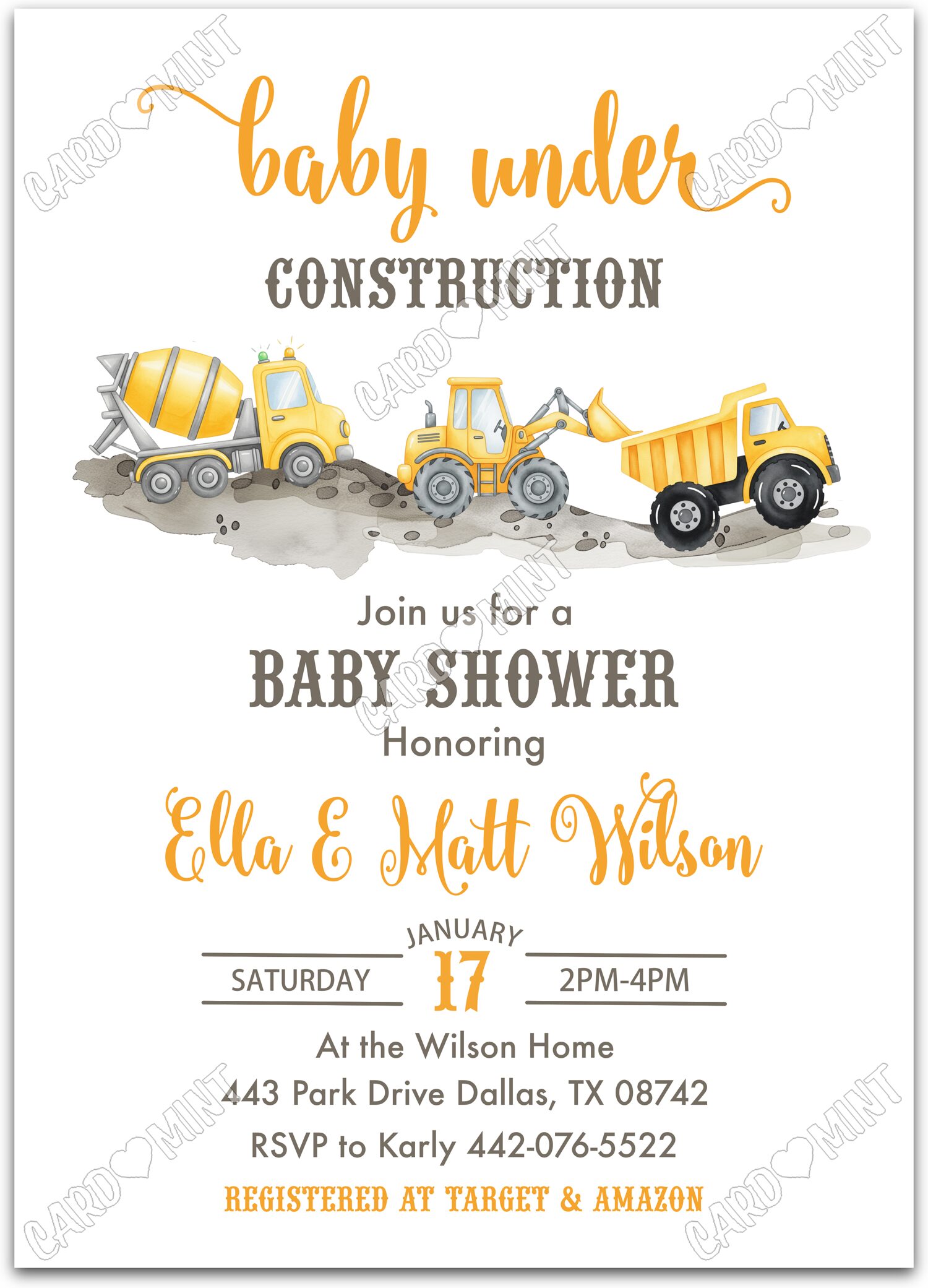 Editable Baby Under Construction white construction vehicles boy Birthday Party 5"x7" Invitation EV1865