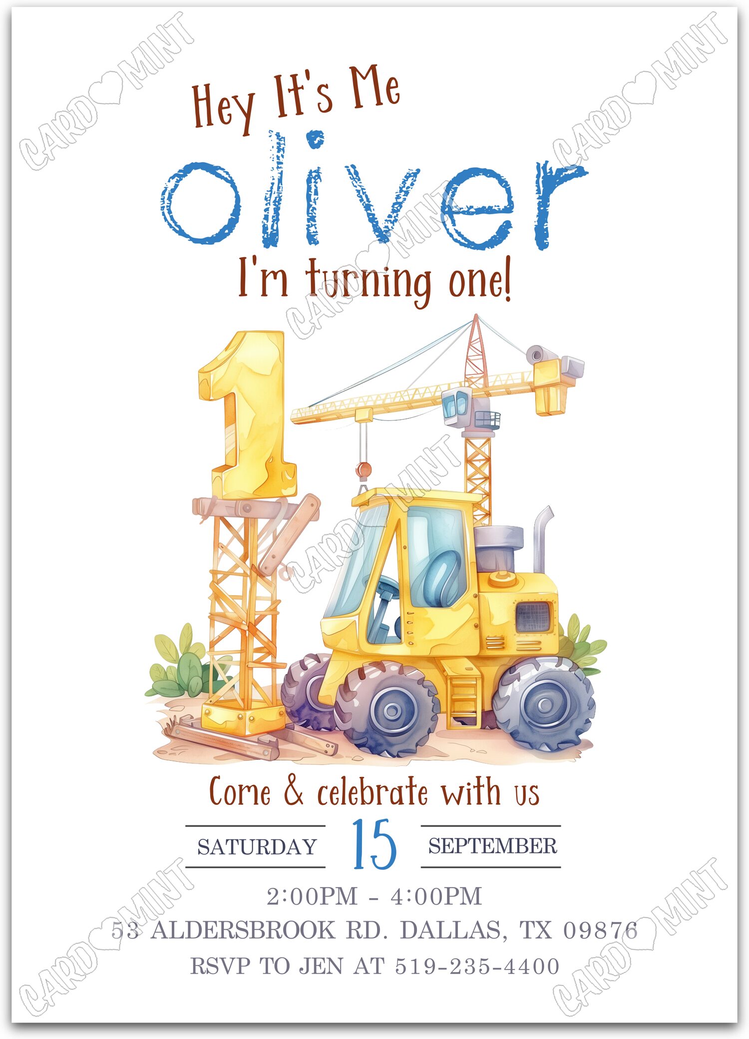 Editable Construction Truck white construction site boy First Birthday Party 5"x7" Invitation EV1866-1