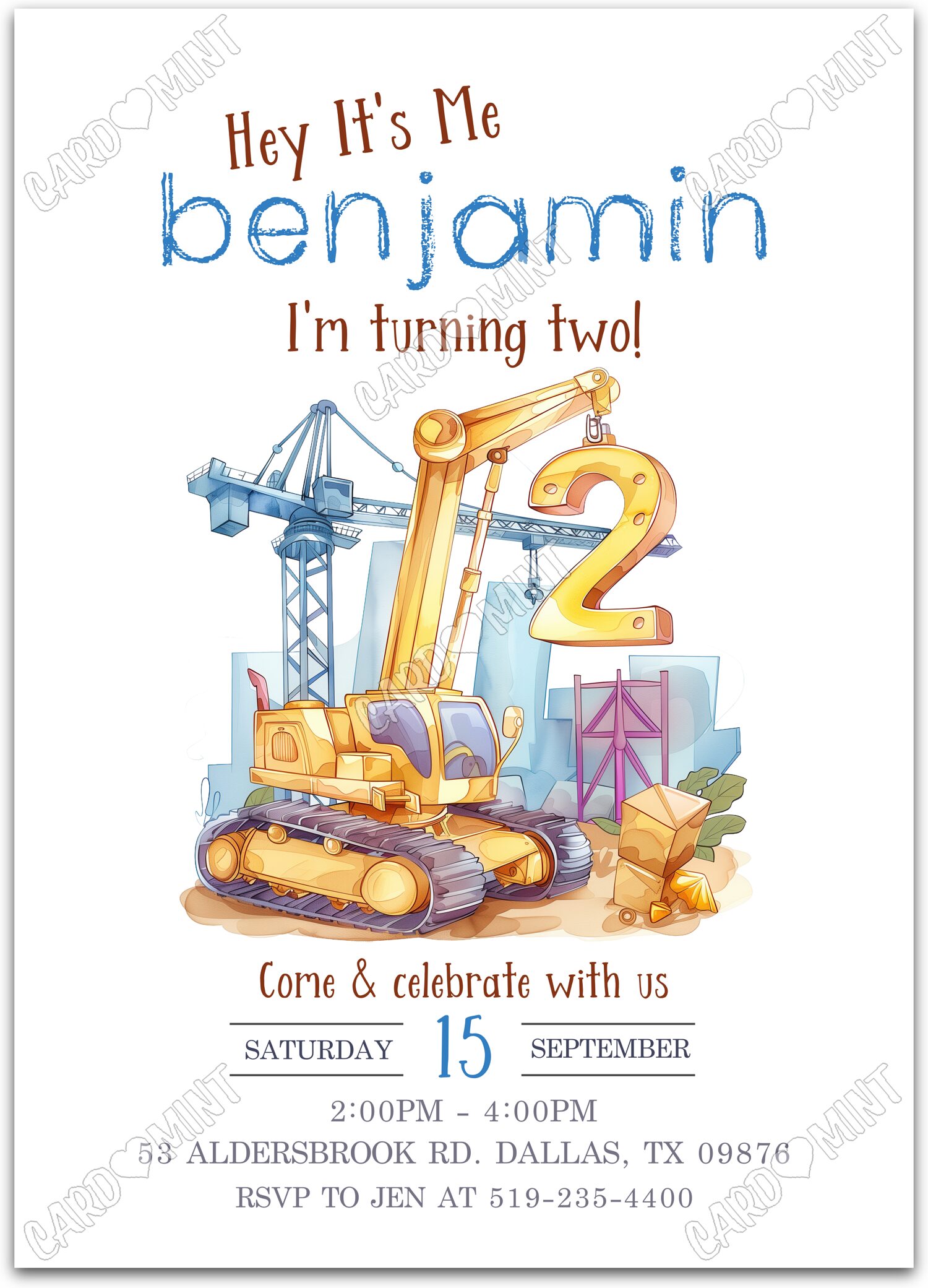 Editable Construction Truck white construction site boy 2nd Birthday Party 5"x7" Invitation EV1866-2