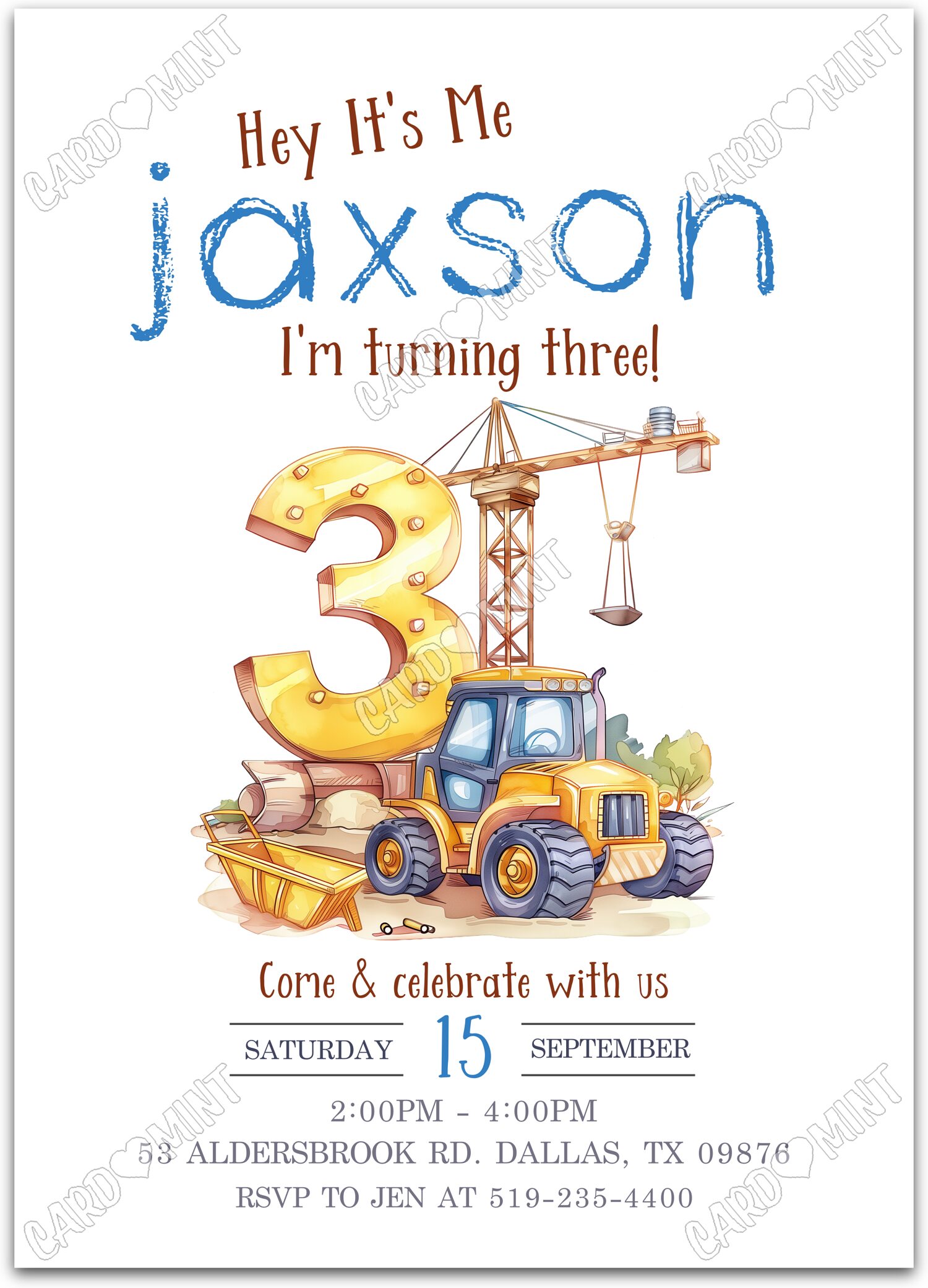Editable Construction Truck white construction site boy 3rd Birthday Party 5"x7" Invitation EV1866-3