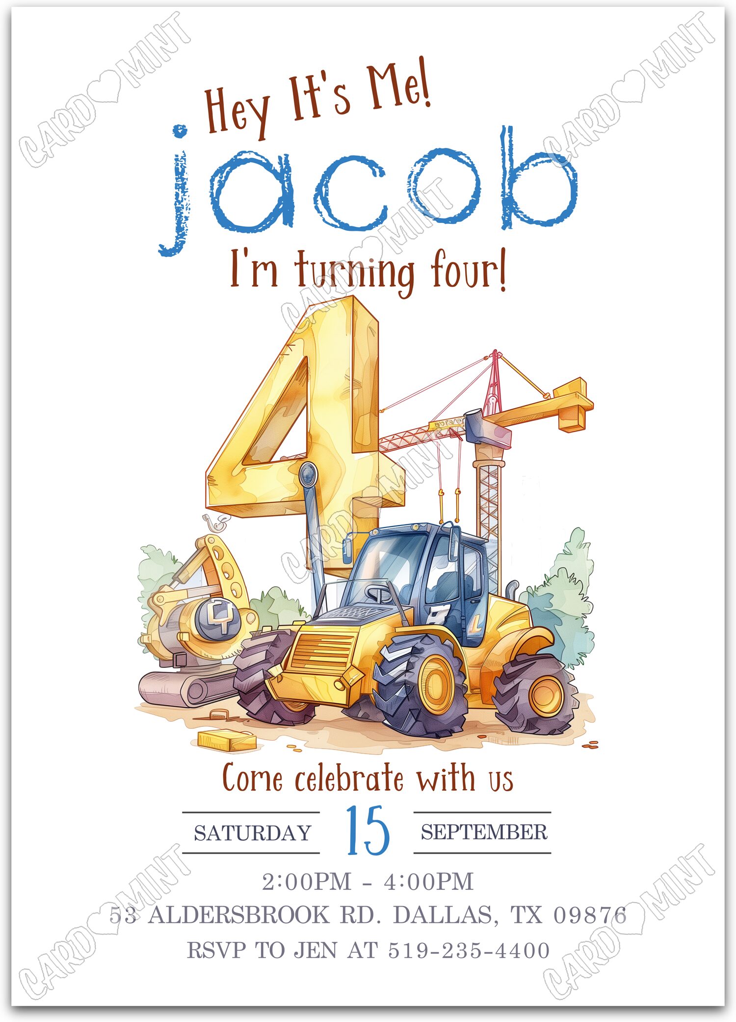 Editable Construction Truck white construction site boy 4th Birthday Party 5"x7" Invitation EV1866-4