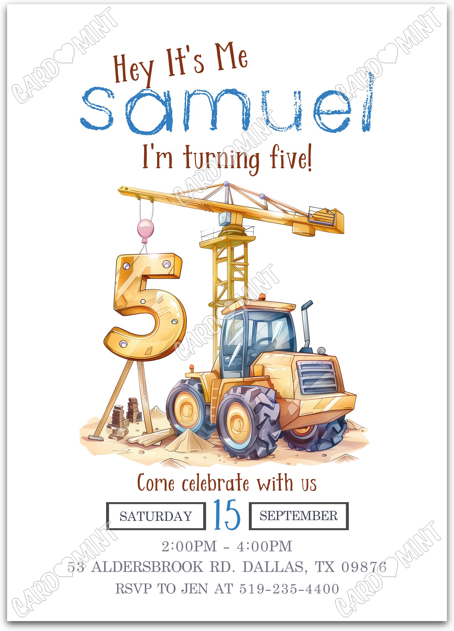 Editable Construction Truck white construction site boy 5th Birthday Party 5"x7" Invitation EV1866-5