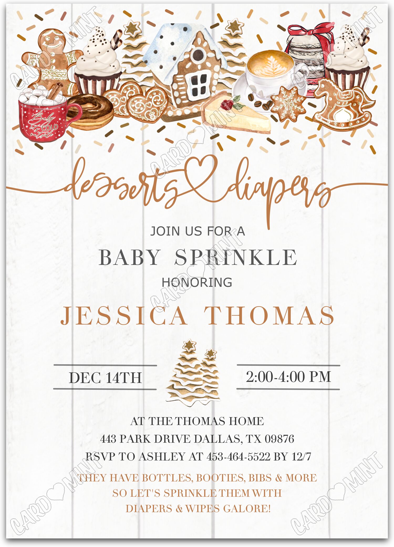 Editable Desserts & Diapers white gingerbread neutral Baby Sprinkle 5"x7" Invitation EV1867