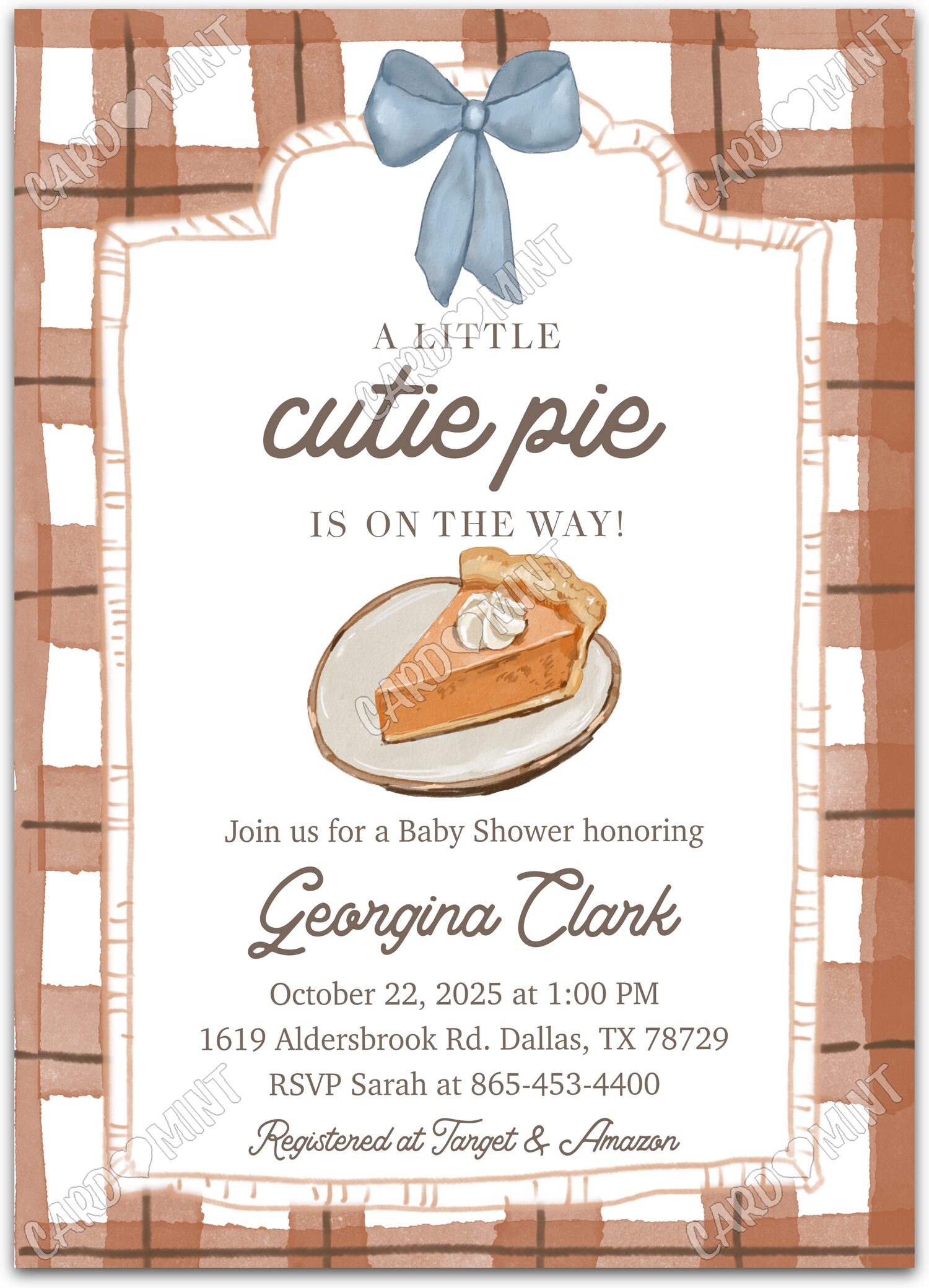 Editable A Little Cutie Pie brown pumpkin pie & gingham pattern boy Baby Shower 5"x7" Invitation EV1869