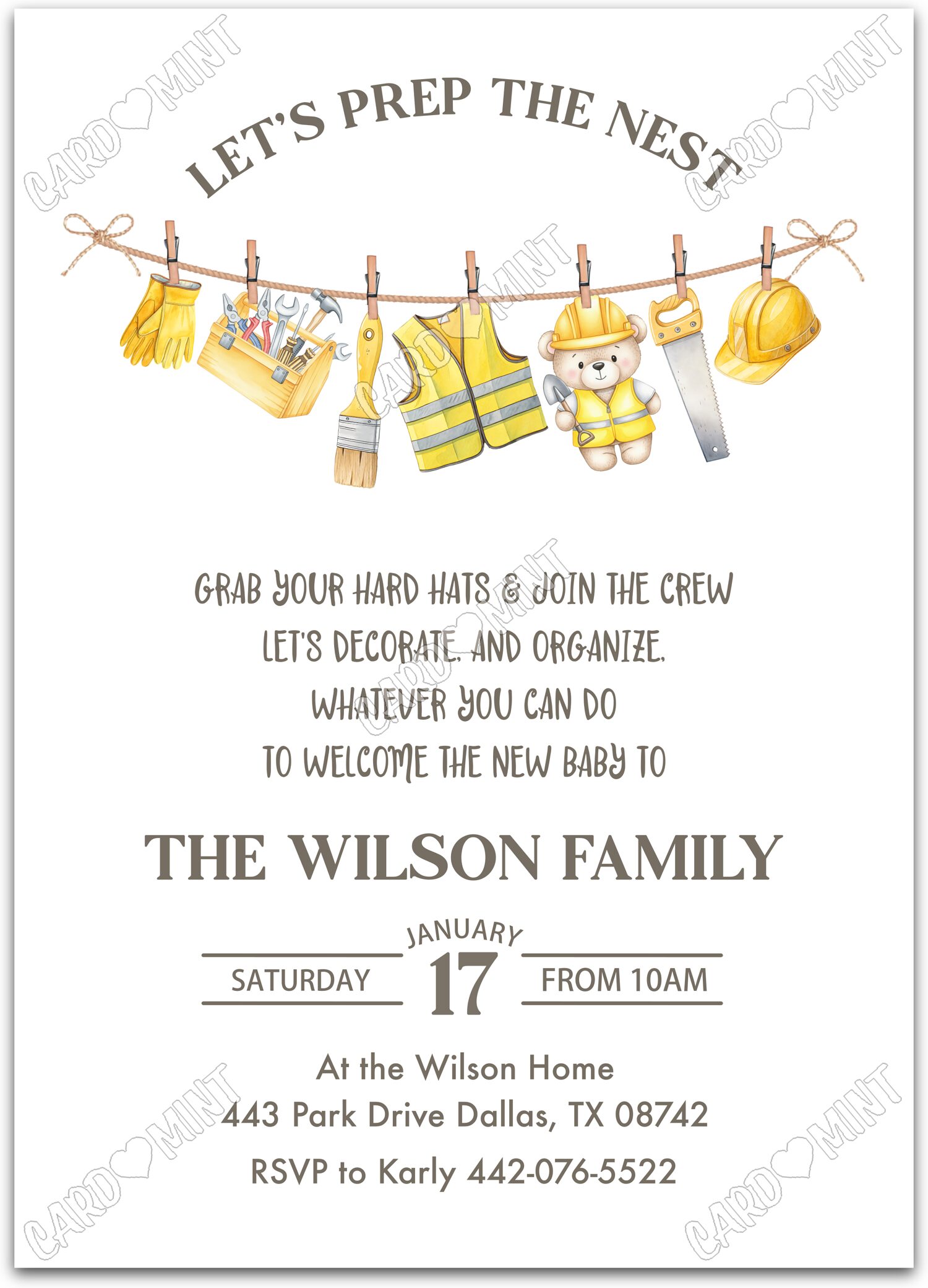 Editable Let's Prep The Nest white renovation gear boy Baby Shower 5"x7" Invitation EV1870