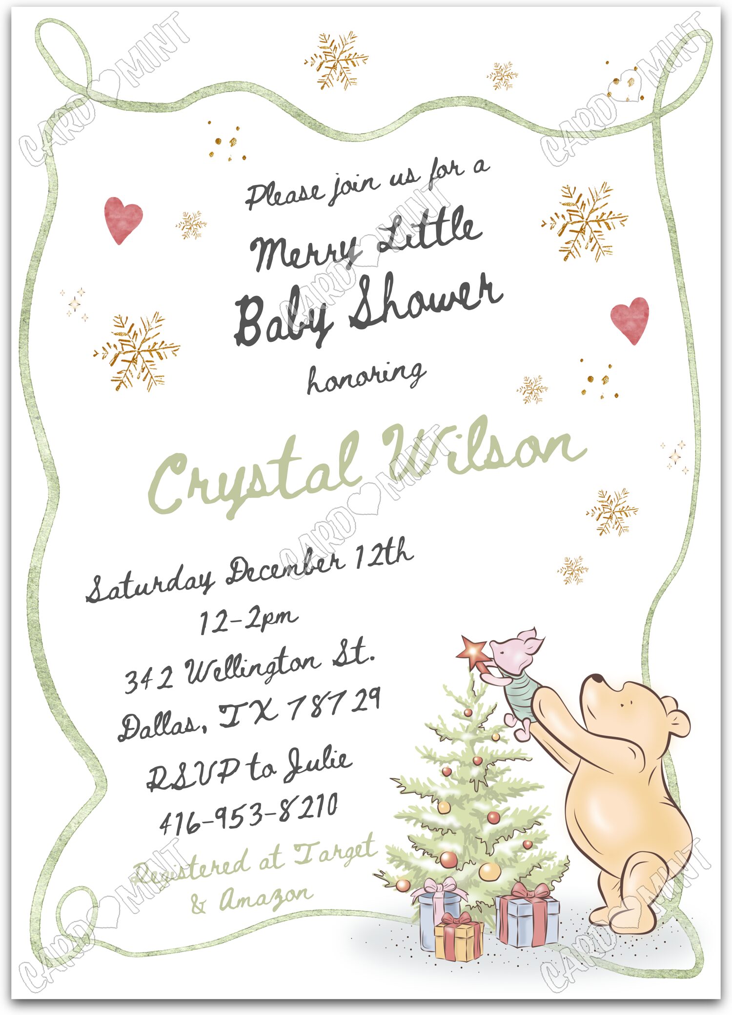 Editable Merry Little Christmas white Pooh & Piglet girl Christmas Baby Shower 5"x7" Invitation EV1874