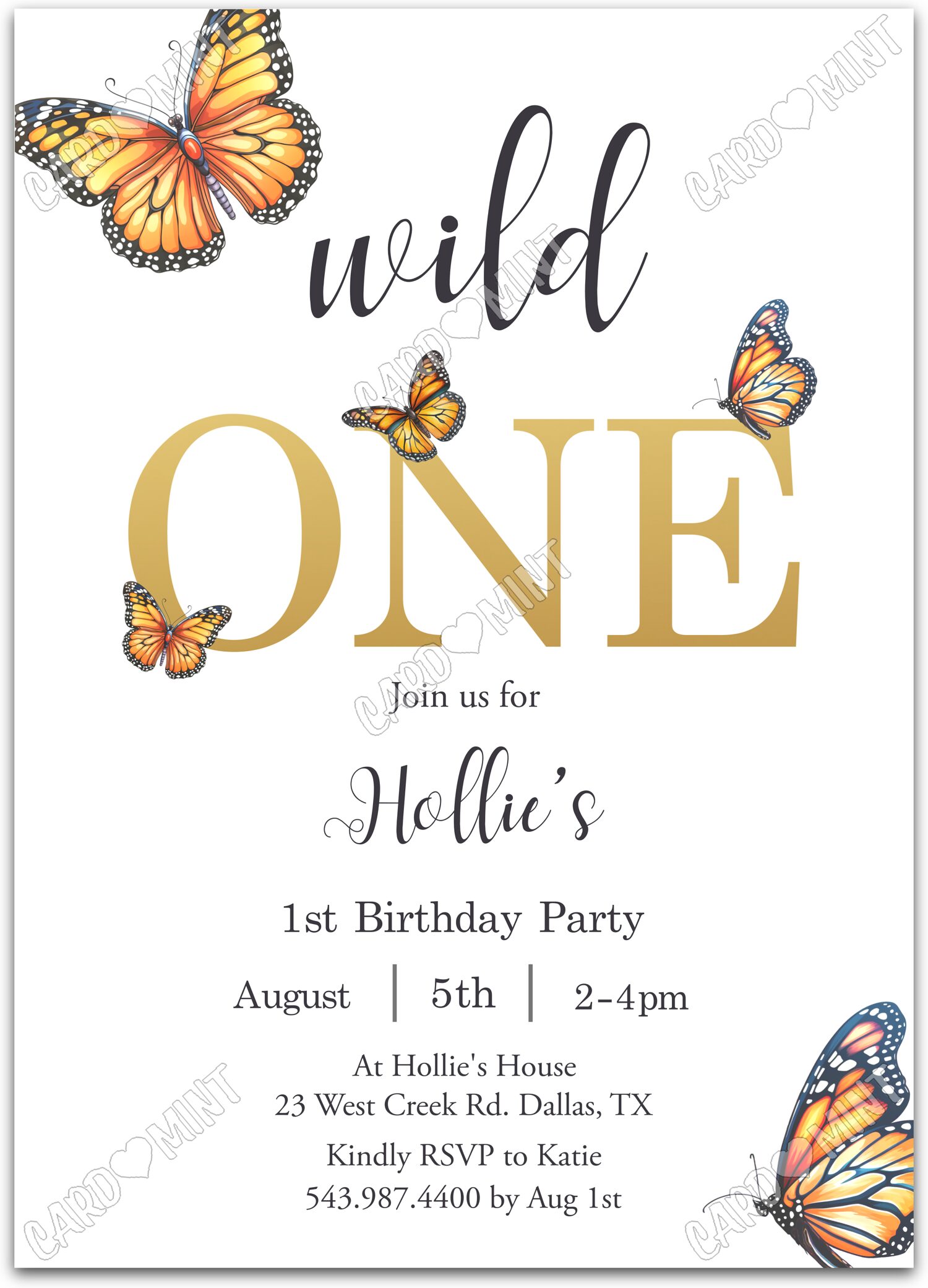 Editable Wild One white monarch butterfly girl First Birthday Party 5"x7" Invitation EV1875