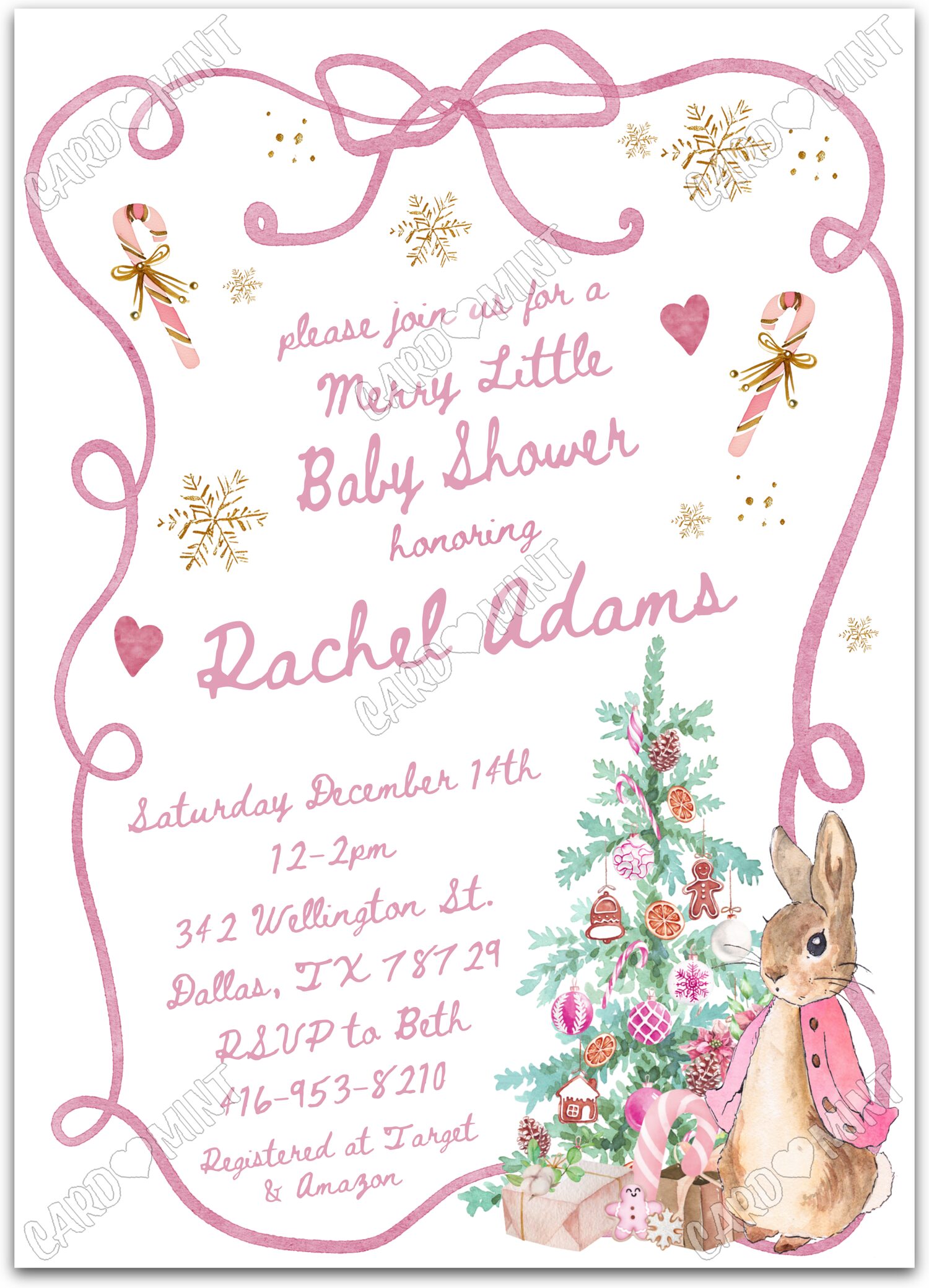 Editable Flopsy Bunny white tree w/baked goodies girl Christmas Baby Shower 5"x7" Invitation EV1876