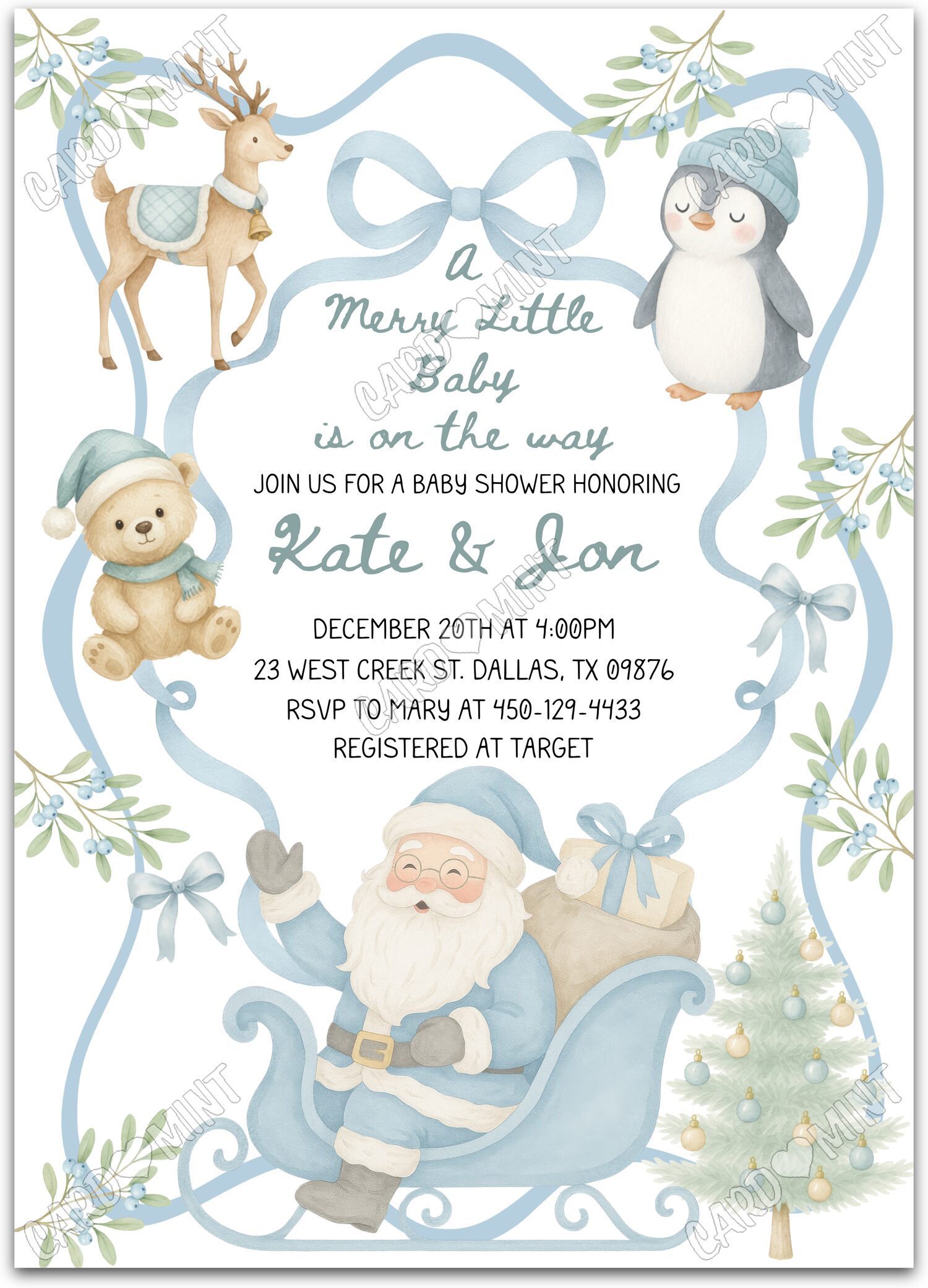 Editable Merry Little Baby white Santa boy Christmas Baby Shower Invitation EV1879