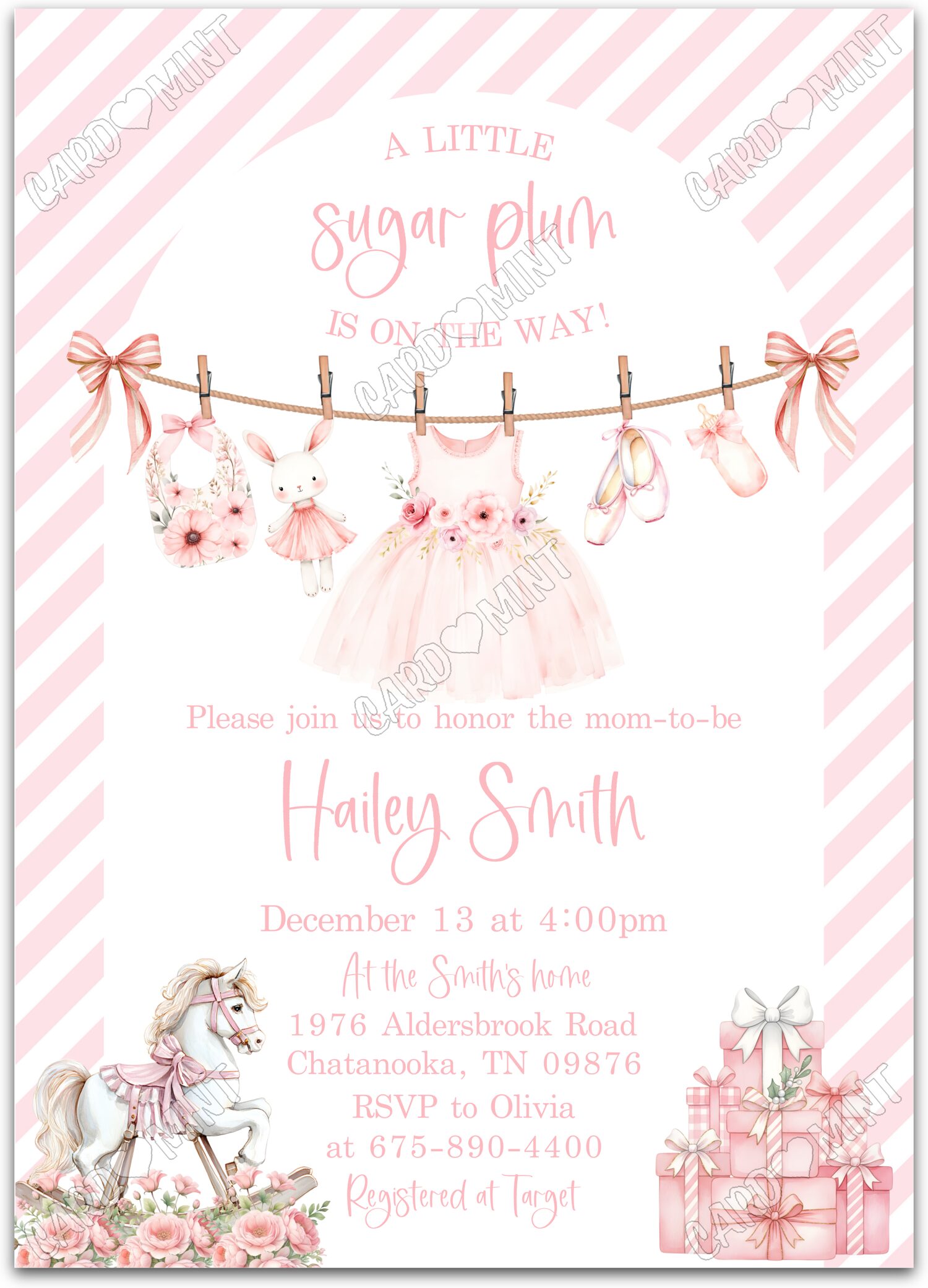 Editable Sugar Plum white clothesline & striped pattern girl Christmas Baby Shower 5"x7" Invitation EV1880