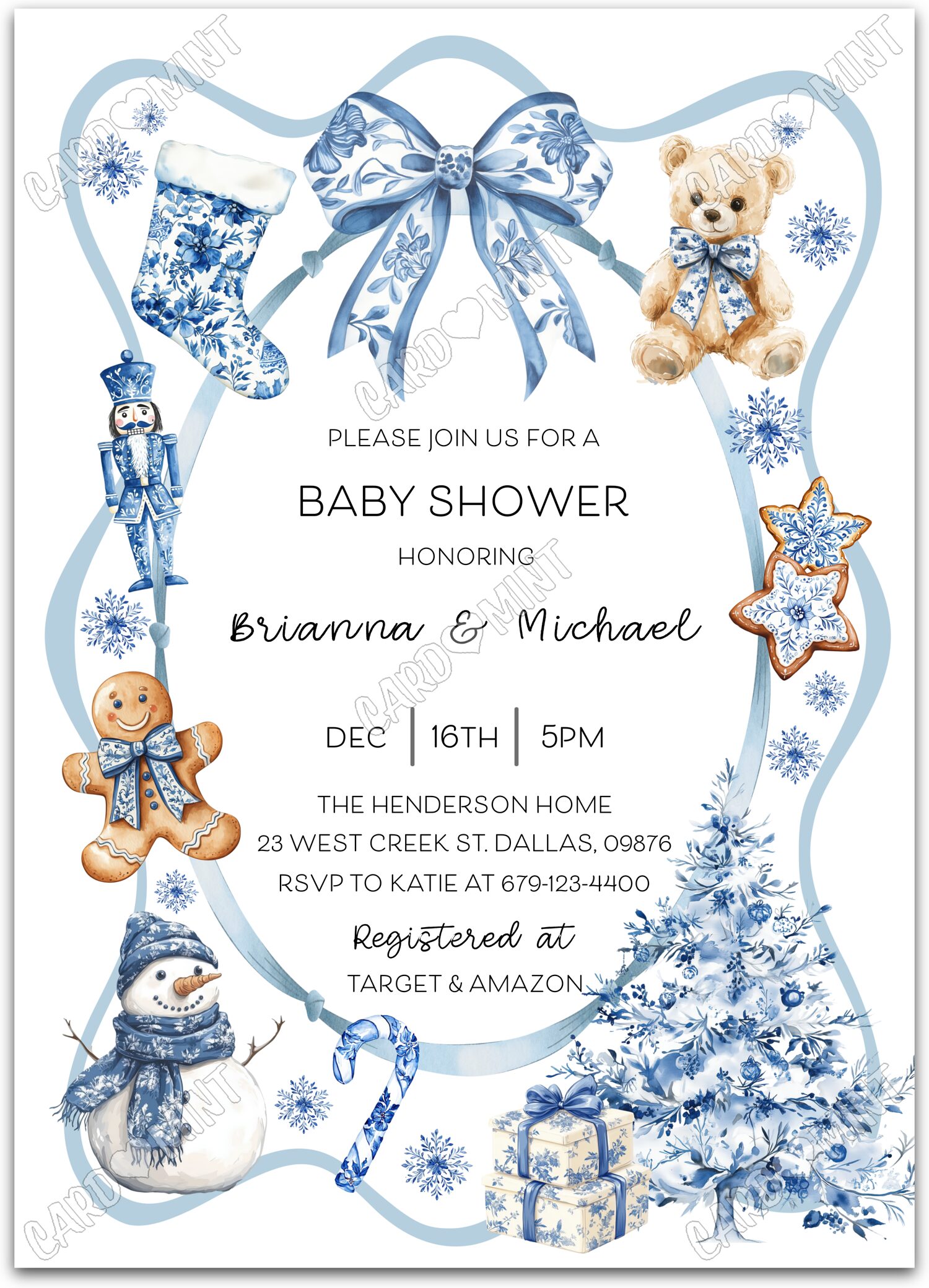 Editable Blue Bow Christmas blue holiday items & chinoiserie pattern neutral Christmas Baby Shower 5"x7" Invitation EV1883
