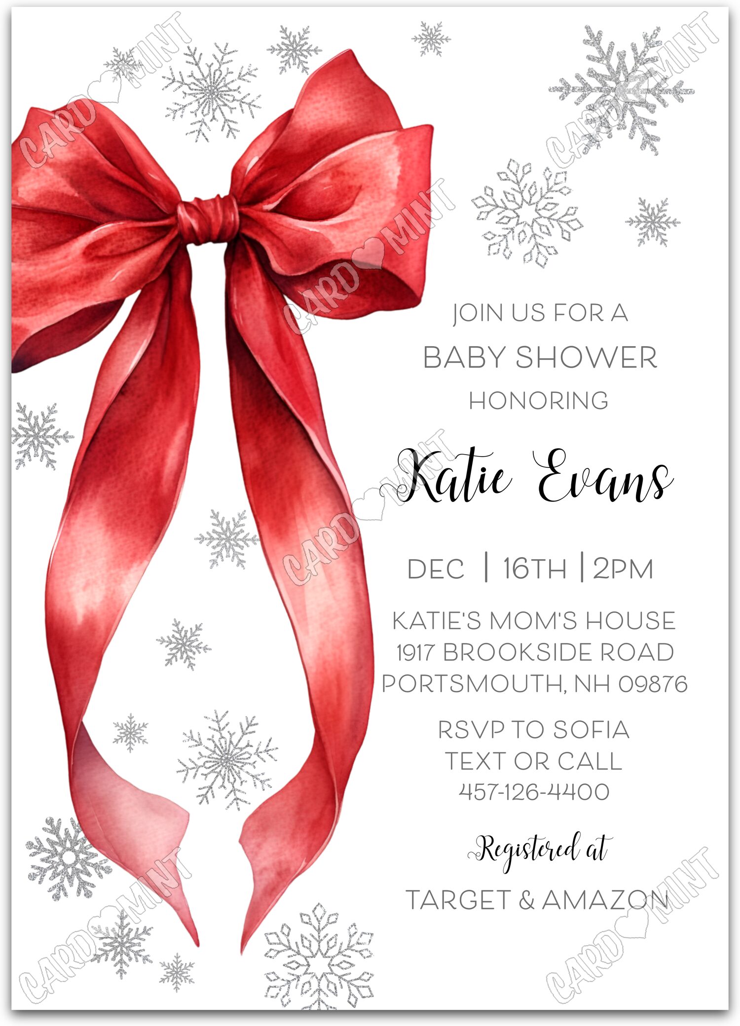 Editable Red Bow Christmas white silver snowflakes neutral Christmas Baby Shower 5"x7" Invitation EV1884
