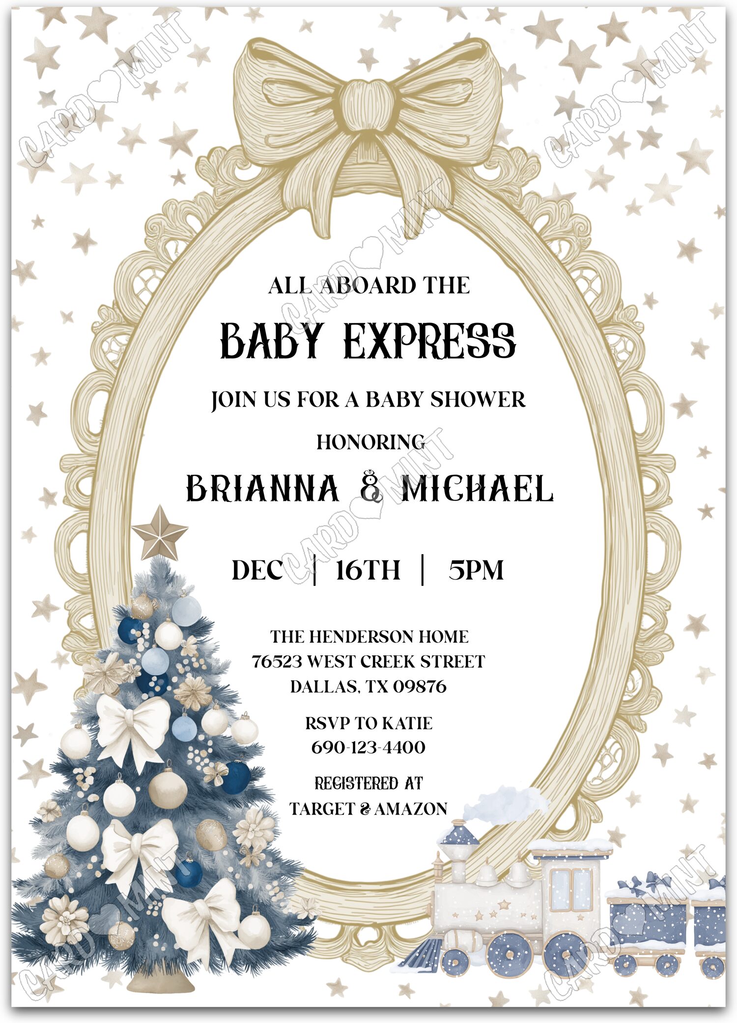 Editable Christmas Train white gold stars boy Christmas Baby Shower 5"x7" Invitation EV1885