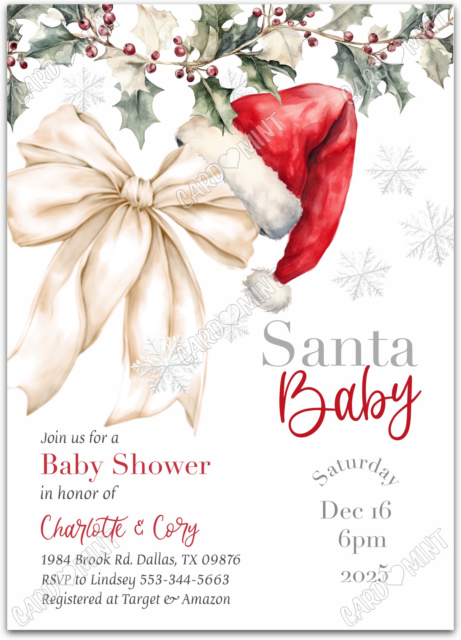 Editable Santa Baby white santa hat neutral Christmas Baby Shower Invitation EV1886