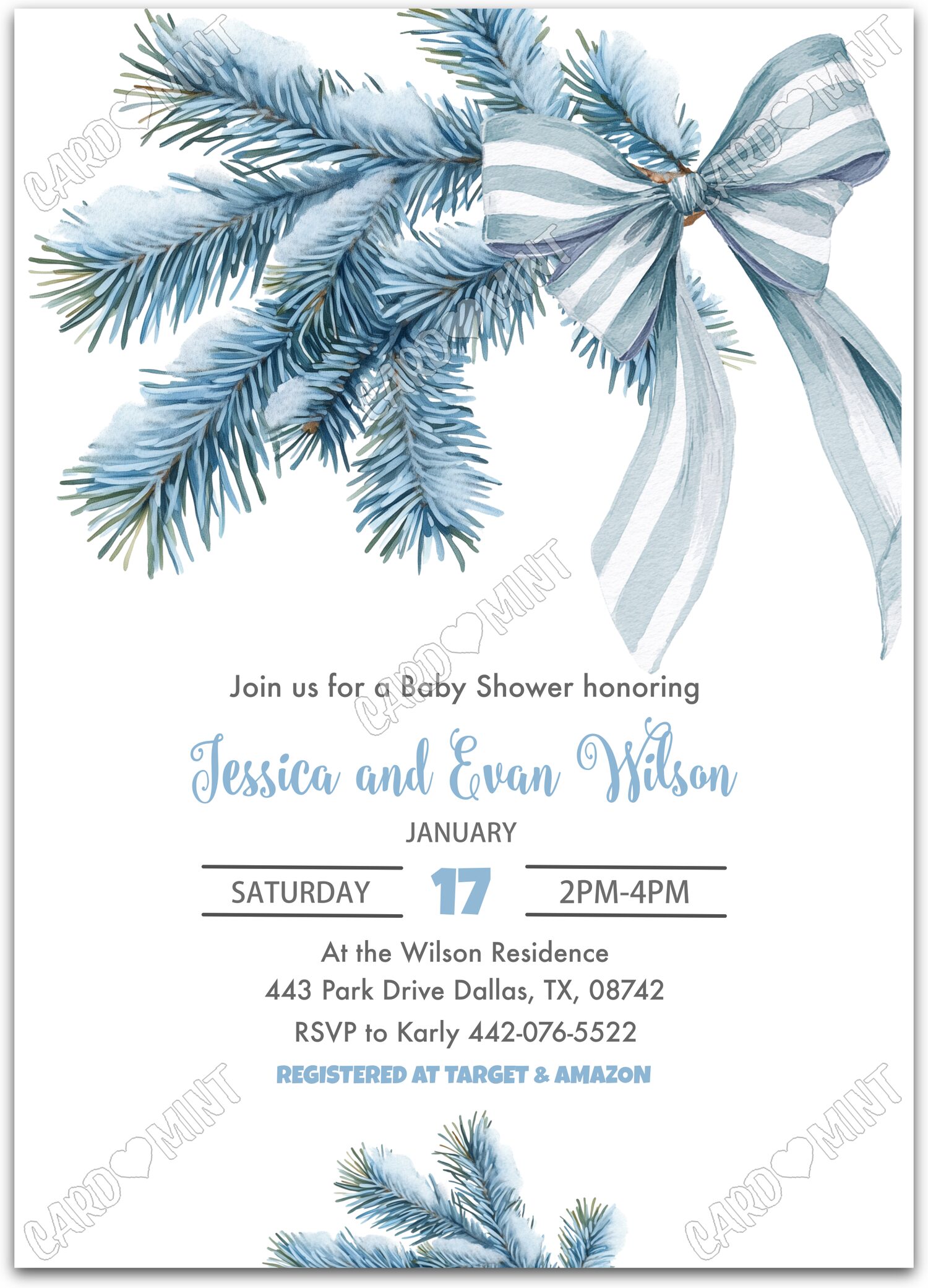 Editable Blue Christmas white blue spruce & bow boy Christmas Baby Shower 5"x7" Invitation EV1891