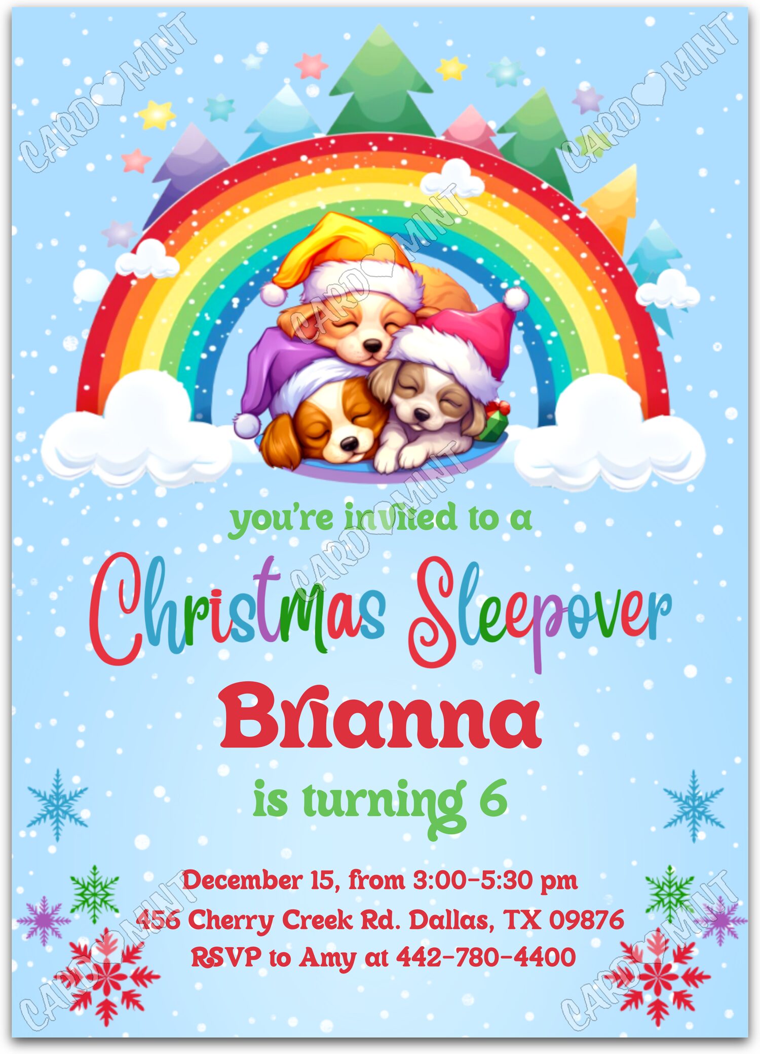 Editable Christmas Sleepover blue puppies girl Christmas Birthday Party 5"x7" Invitation EV1899
