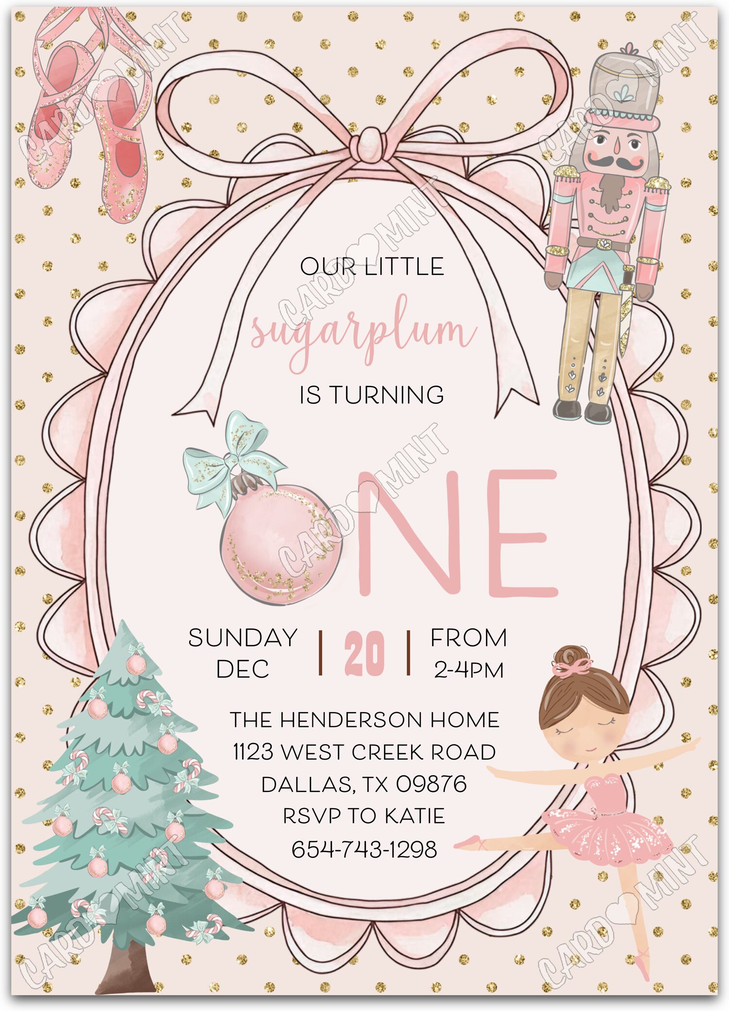 Editable Our Little Sugarplum pink holiday ornaments girl Christmas First Birthday Party 5"x7" Invitation EV1913