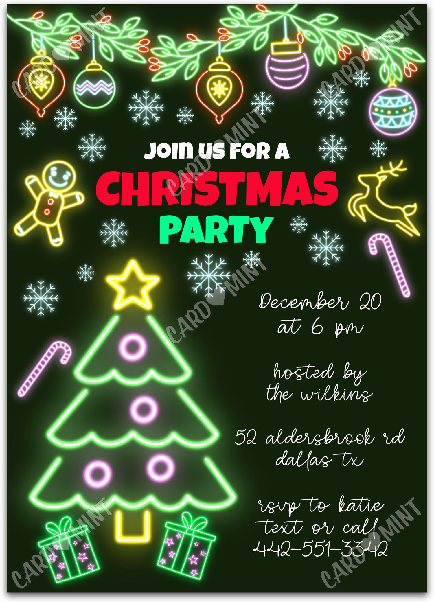Editable Neon! black neon Christmas tree Christmas Party 5"x7" Invitation EV1914