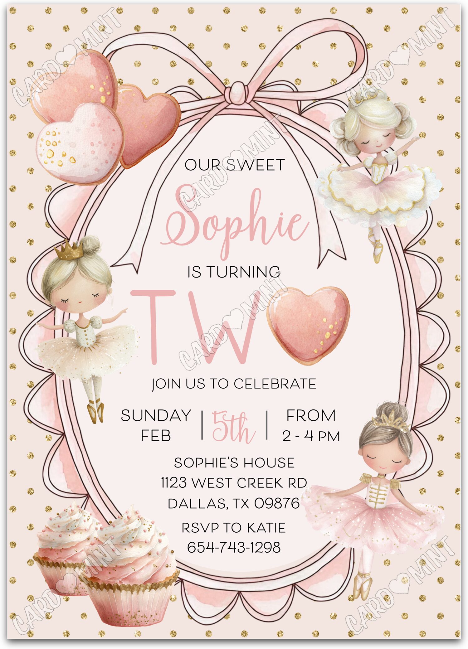 Editable Our Sweet Two pink little ballerinas girl 2nd Birthday Party 5"x7" Invitation EV1917