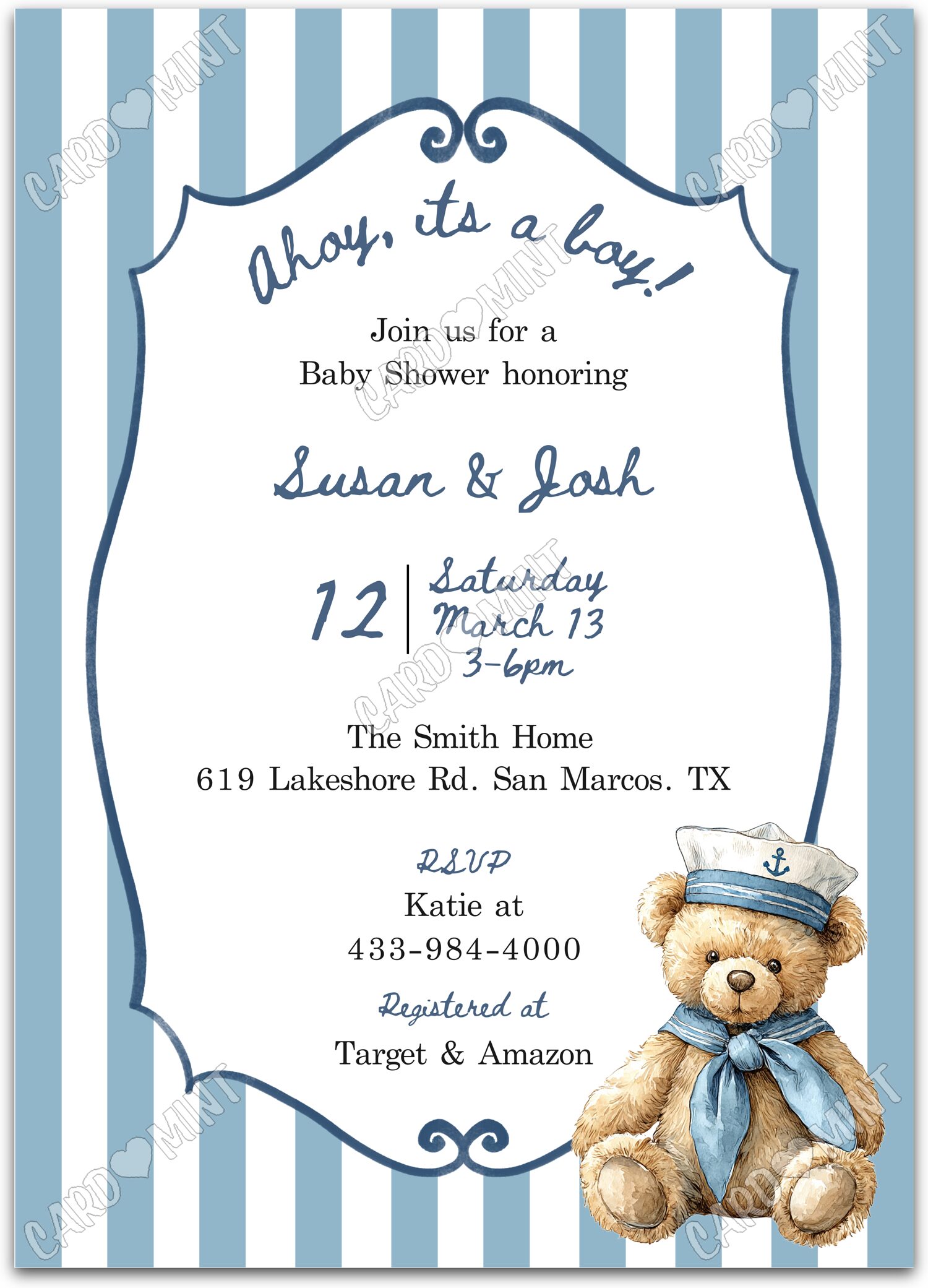 Editable Ahoy, It's a Boy! blue little sailor bear & striped pattern boy Baby Shower 5"x7" Invitation EV1921