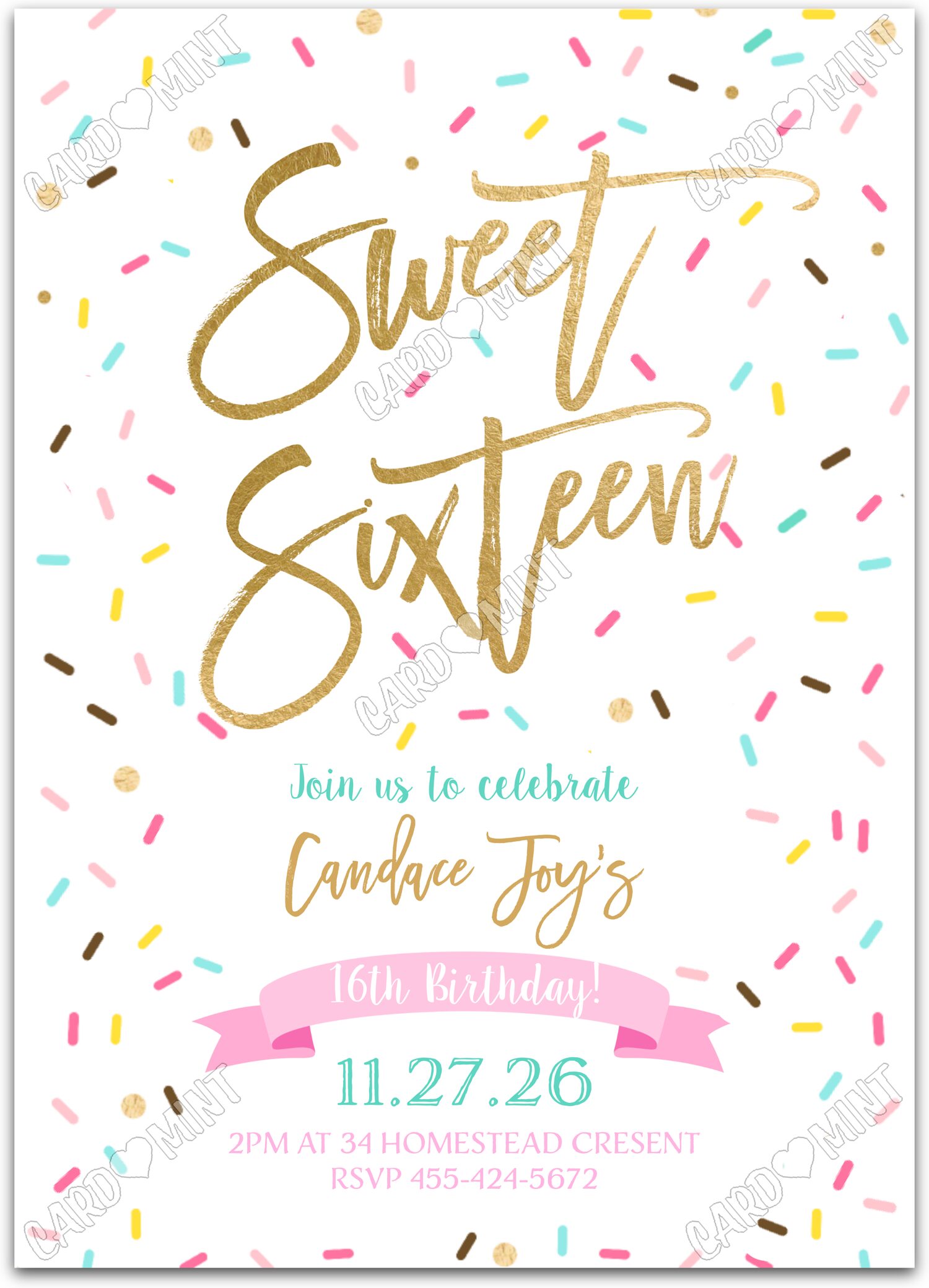 Editable Sweet Sixteen white sprinkles girl Birthday Party 5"x7" Invitation EV1924