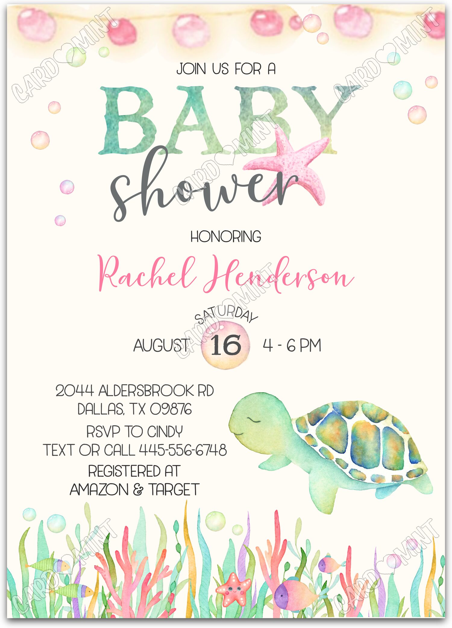 Editable Under The Sea sea turtle and pink bubbles girl Baby Shower 5"x7" Invitation EV1928