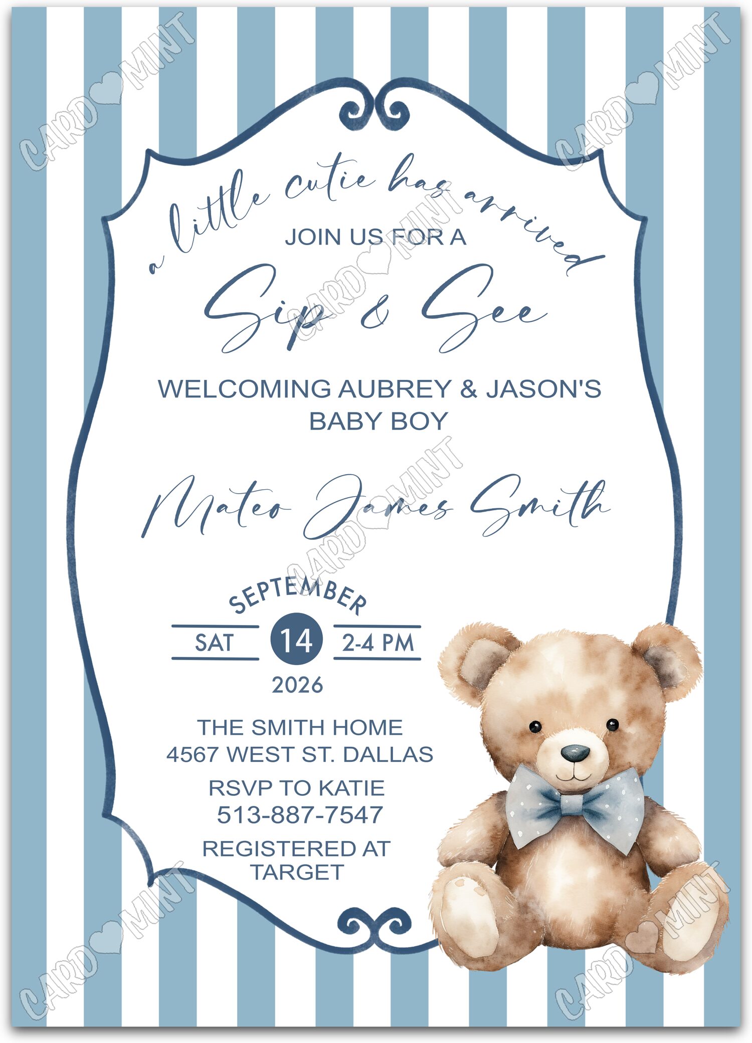 Editable Sip & See blue baby teddy & striped pattern boy Baby Shower 5"x7" Invitation EV1930