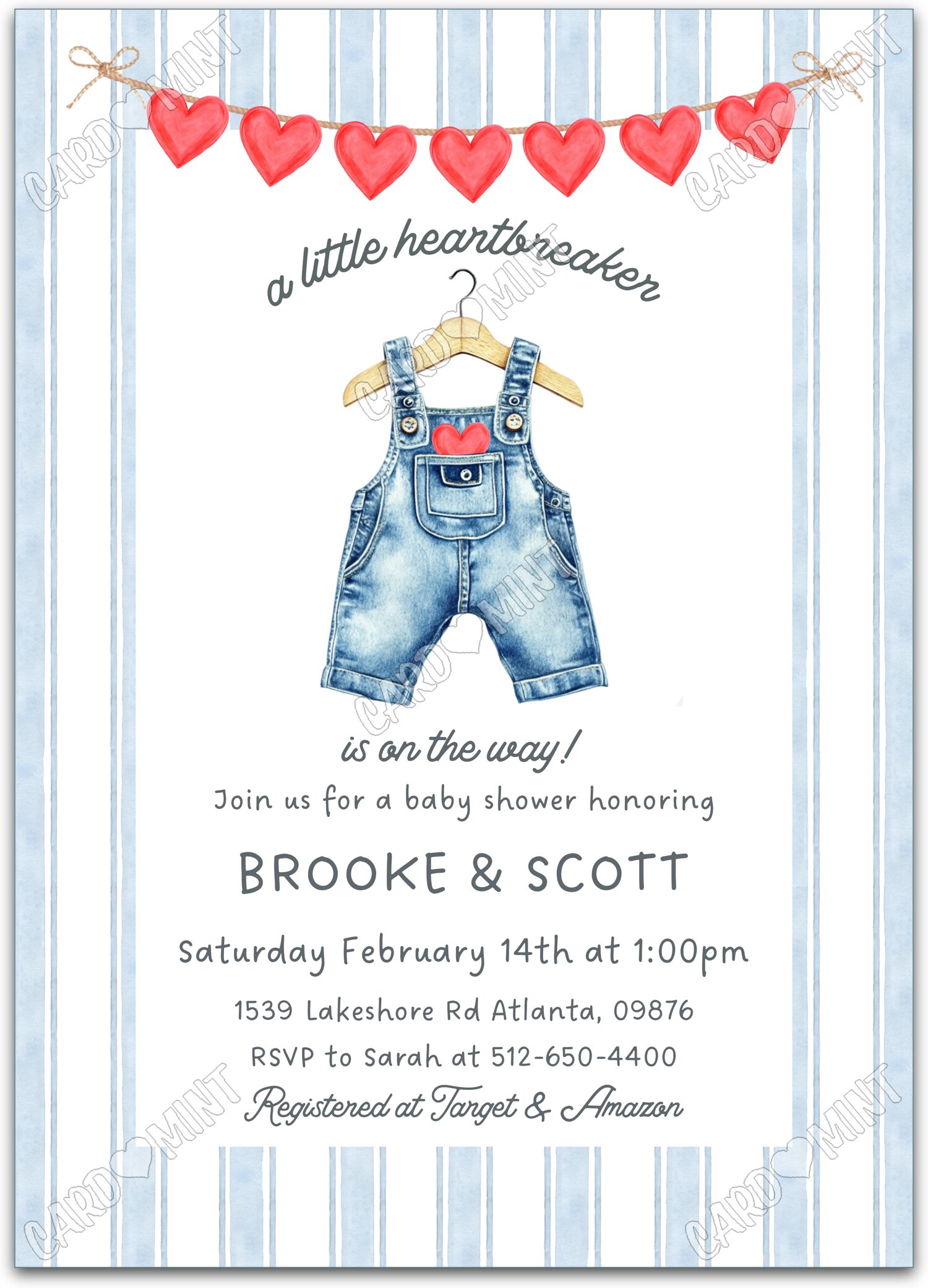 Editable A Little Heartbreaker blue baby blue jeans & striped pattern boy Baby Shower 5"x7" Invitation EV1931