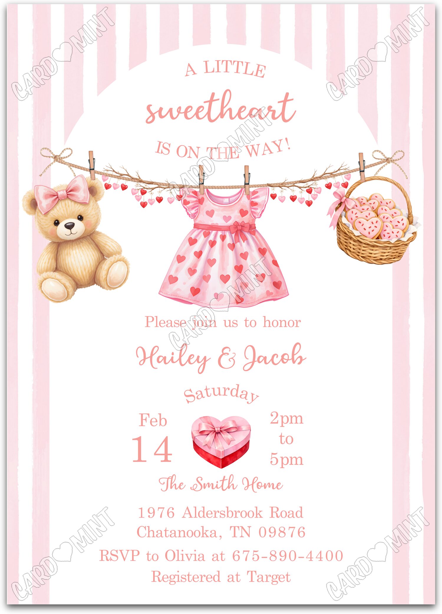 Editable A Little Sweetheart pink pink baby items & striped pattern girl Baby Shower 5"x7" Invitation EV1932