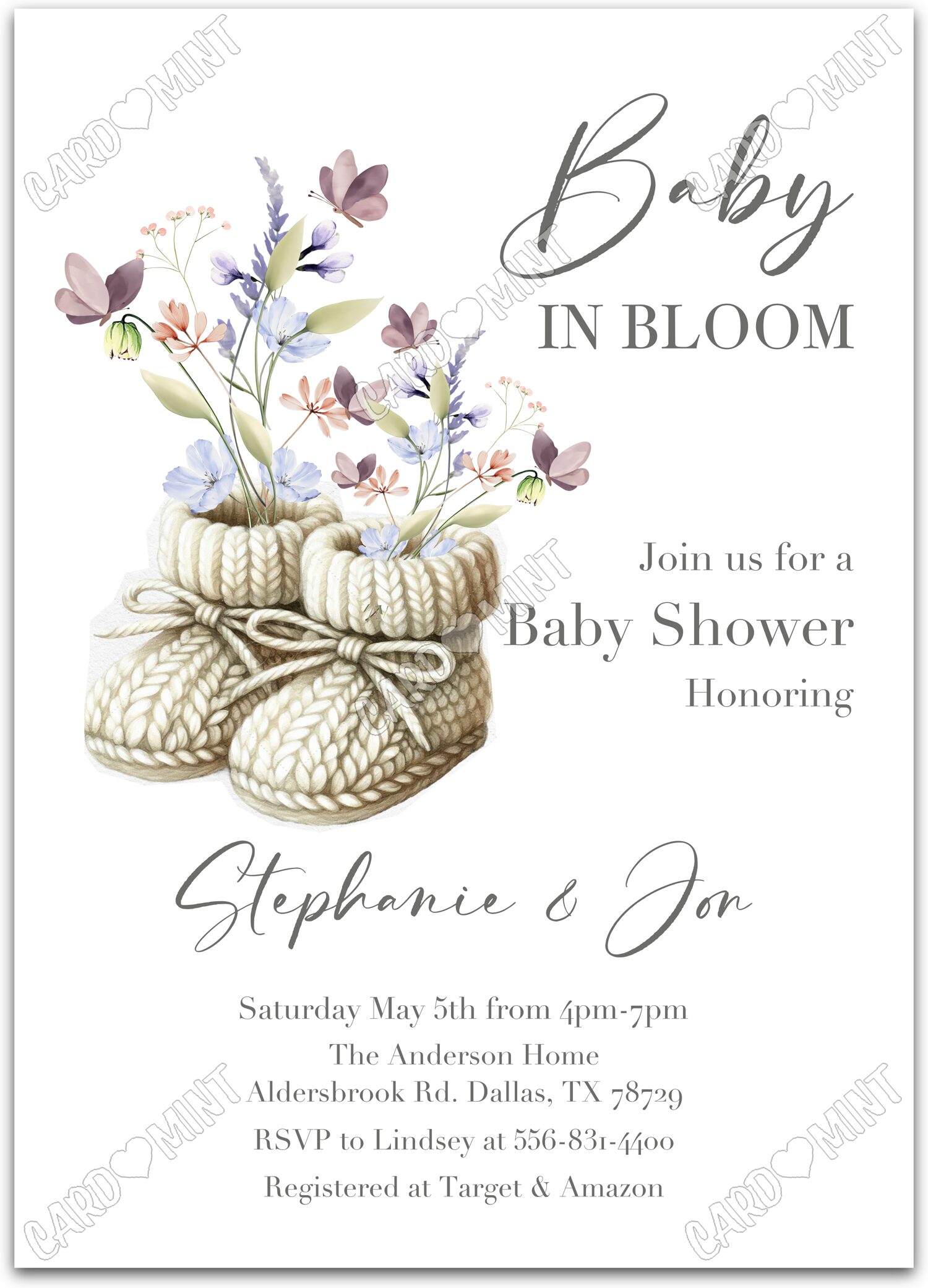 Editable Baby in Bloom white booties & wildflowers & striped pattern neutral Baby Shower 5"x7" Invitation EV1937