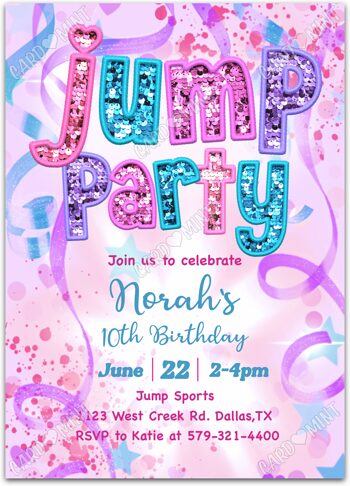 Editable Jump Party Birthday Party Invitation printable or evite for girl with glitter sequins, purple & confetti pattern EV1940