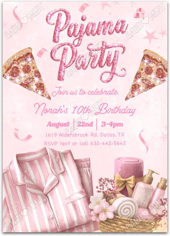 Editable Pajama Spa Birthday Party Invitation printable or evite for girl with glam, glitter, pizza, pink EV1947