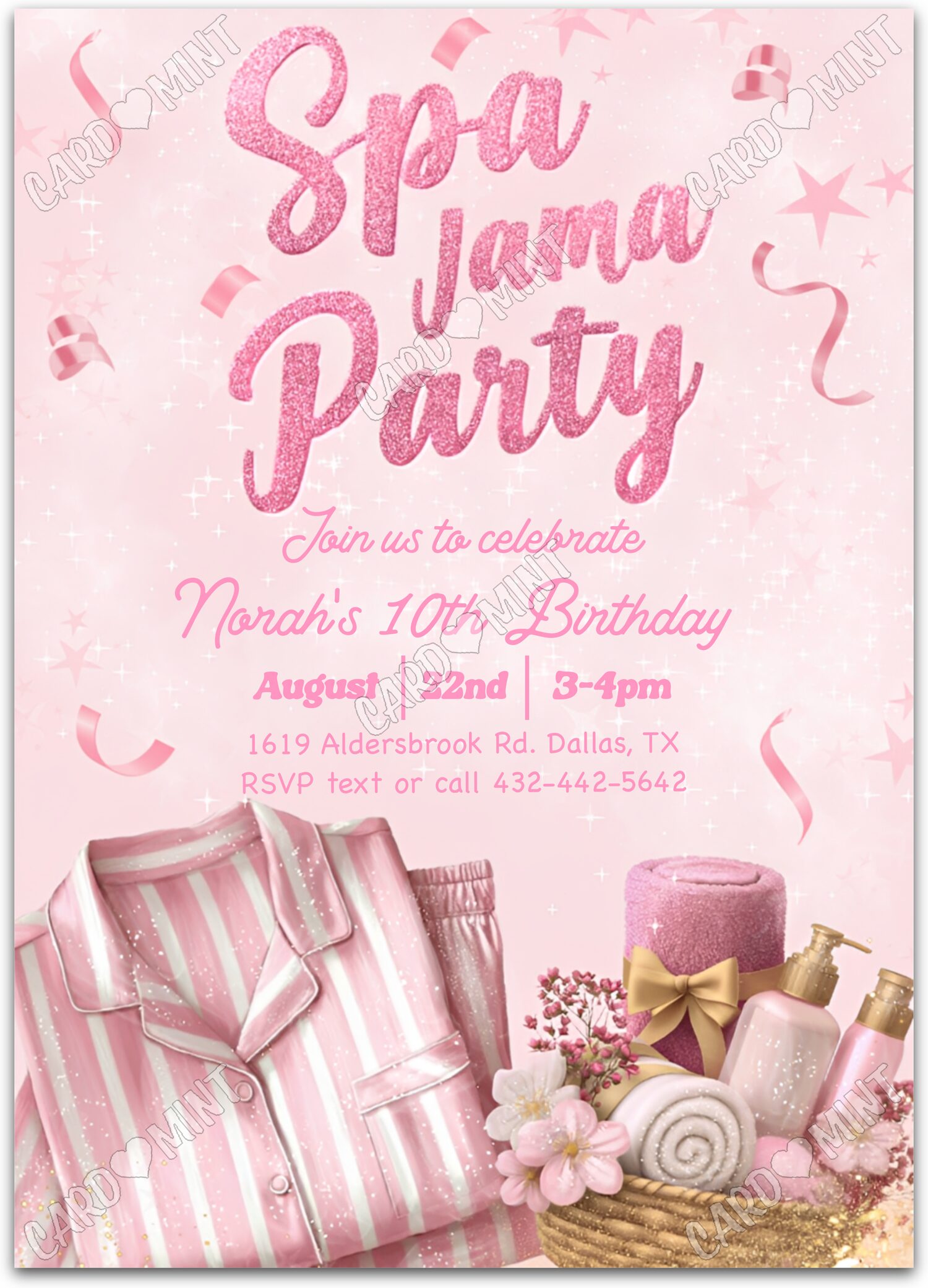 Editable Spa'jama Party pink glam, glitter girl Birthday Party 5"x7" Invitation EV1950