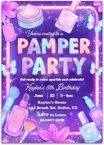 Editable Pamper Party Birthday Party Invitation printable or evite for girl with neon, glow & glitter EV1952